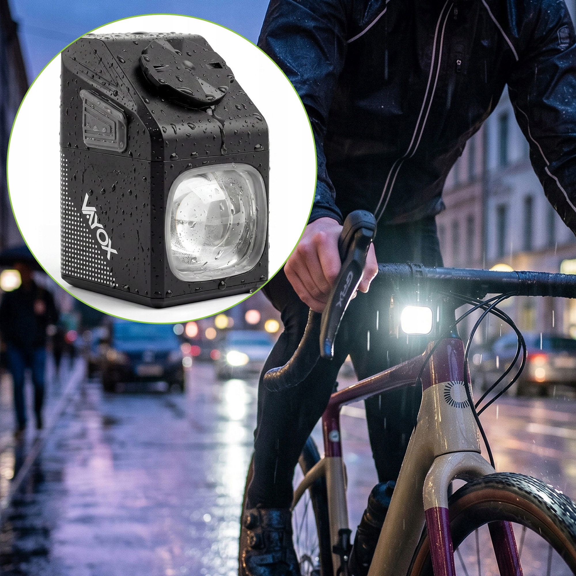 Czarna lampka rowerowa z kroplami wody, zamontowana na kierownicy rowerzysty w deszczu.