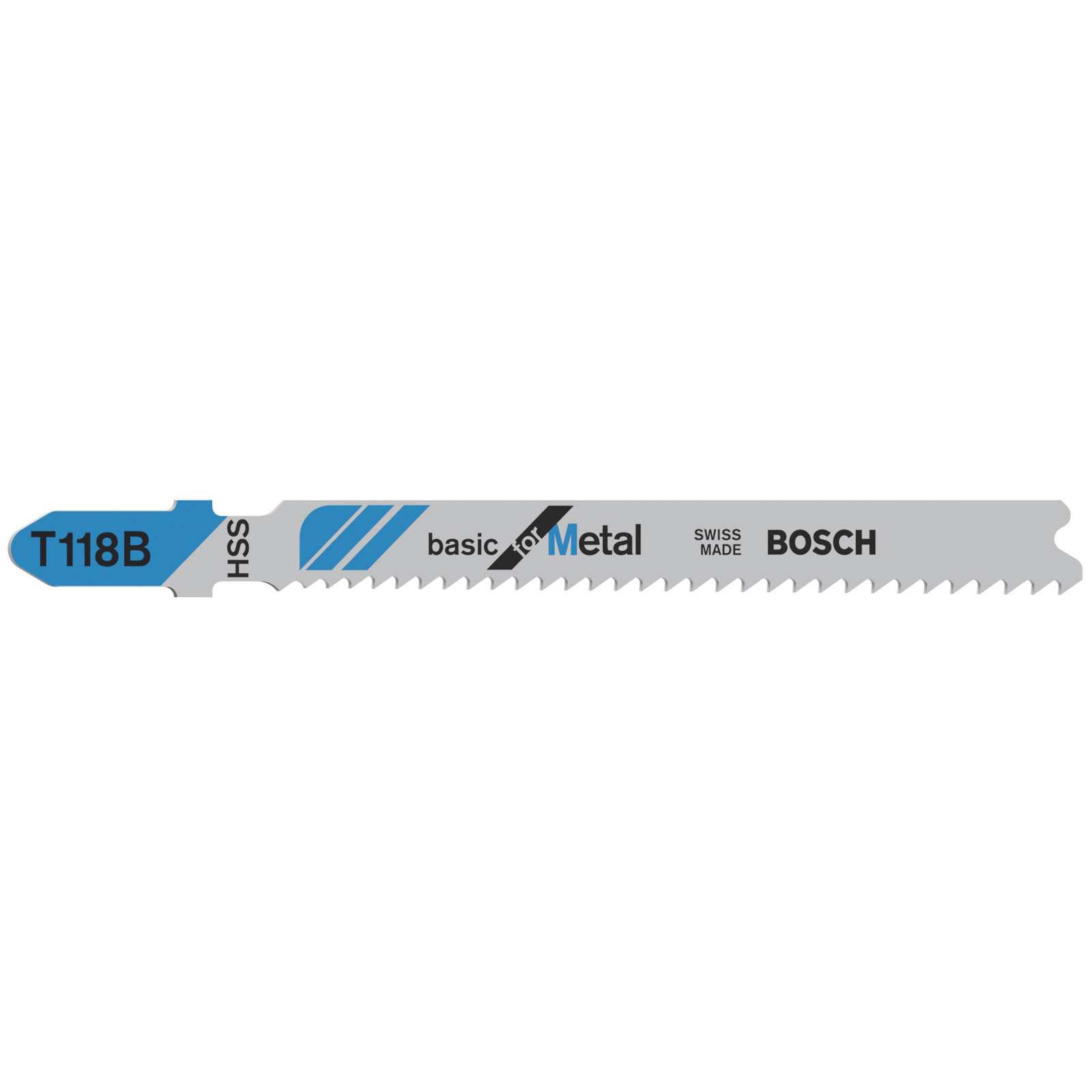 Ein Stichsägeblatt mit der Aufschrift T118B, HSS, basic for Metal, Swiss Made, Bosch.