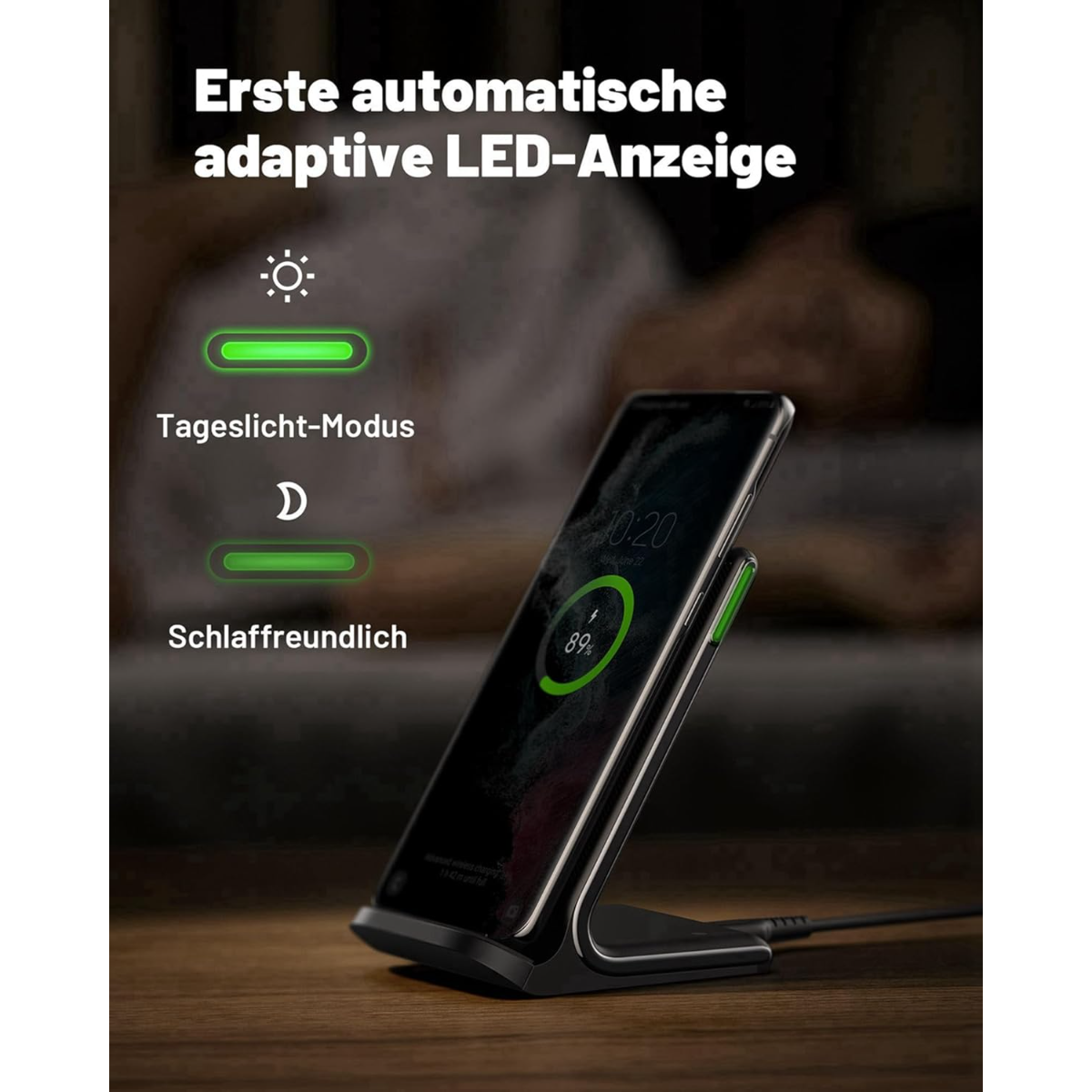 Un smartphone se carga en un soporte de carga inalámbrica con pantalla LED adaptativa.