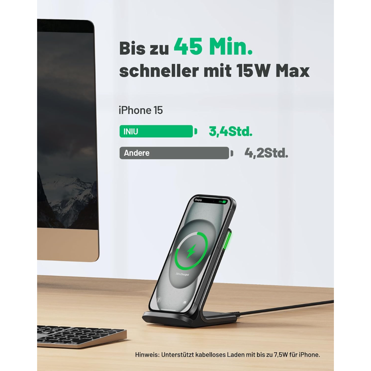 El iPhone 15 carga más rápido con la estación de carga INIU. Texto: Hasta 45 min. más rápido con 15W Max.