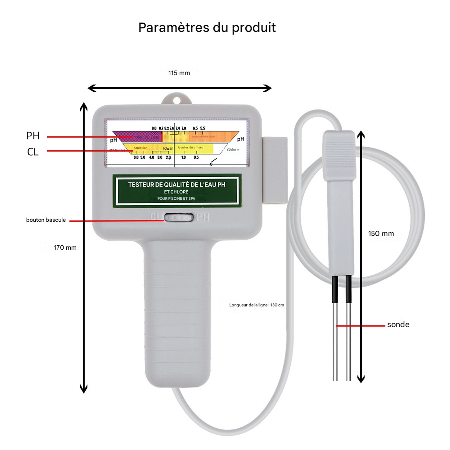 Ein weißer PH- und Chlor-Wassertester mit zwei Sonden und einem Messbereich.