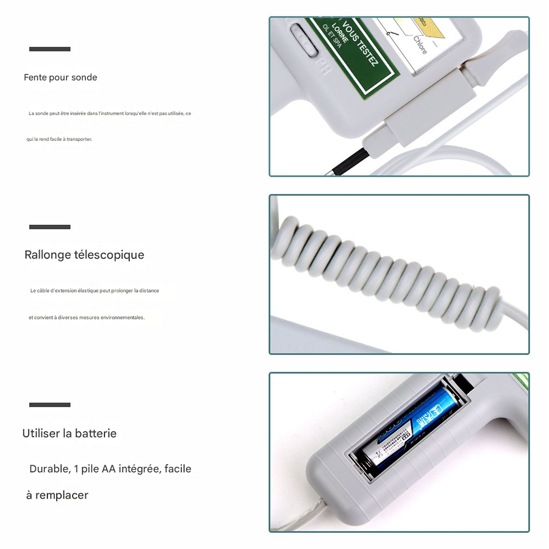 Nahaufnahme eines pH-Meters mit Batterieabdeckung und AA-Batterie.