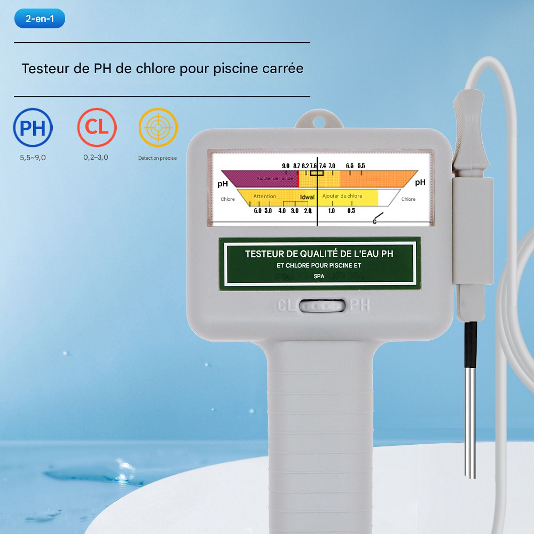 Ein Pool-pH- und Chlor-Tester mit LCD-Anzeige und Messsonden.