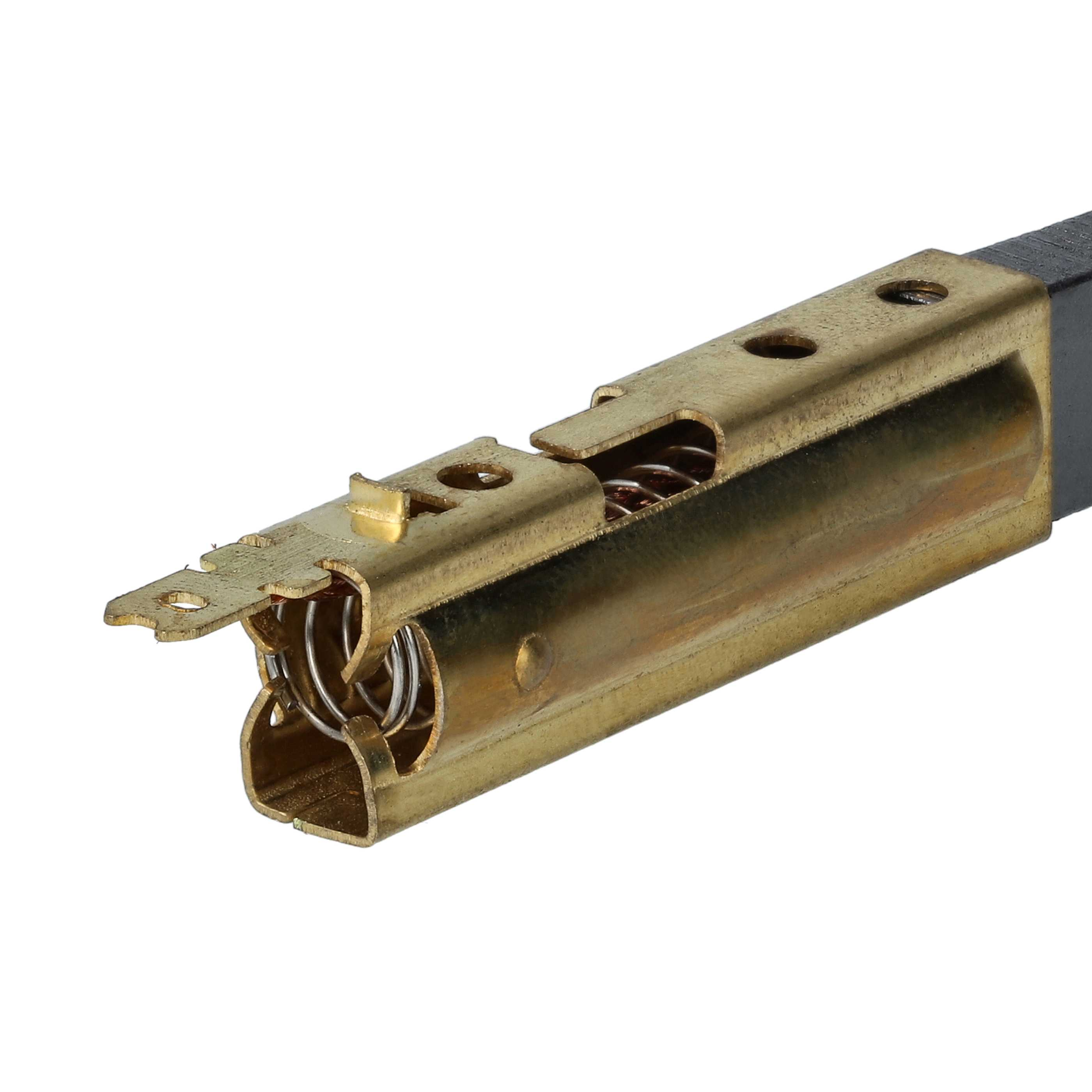 Ein goldener Metallclip mit einer aufgewickelten Feder und einem schwarzen Ende auf weißem Hintergrund.