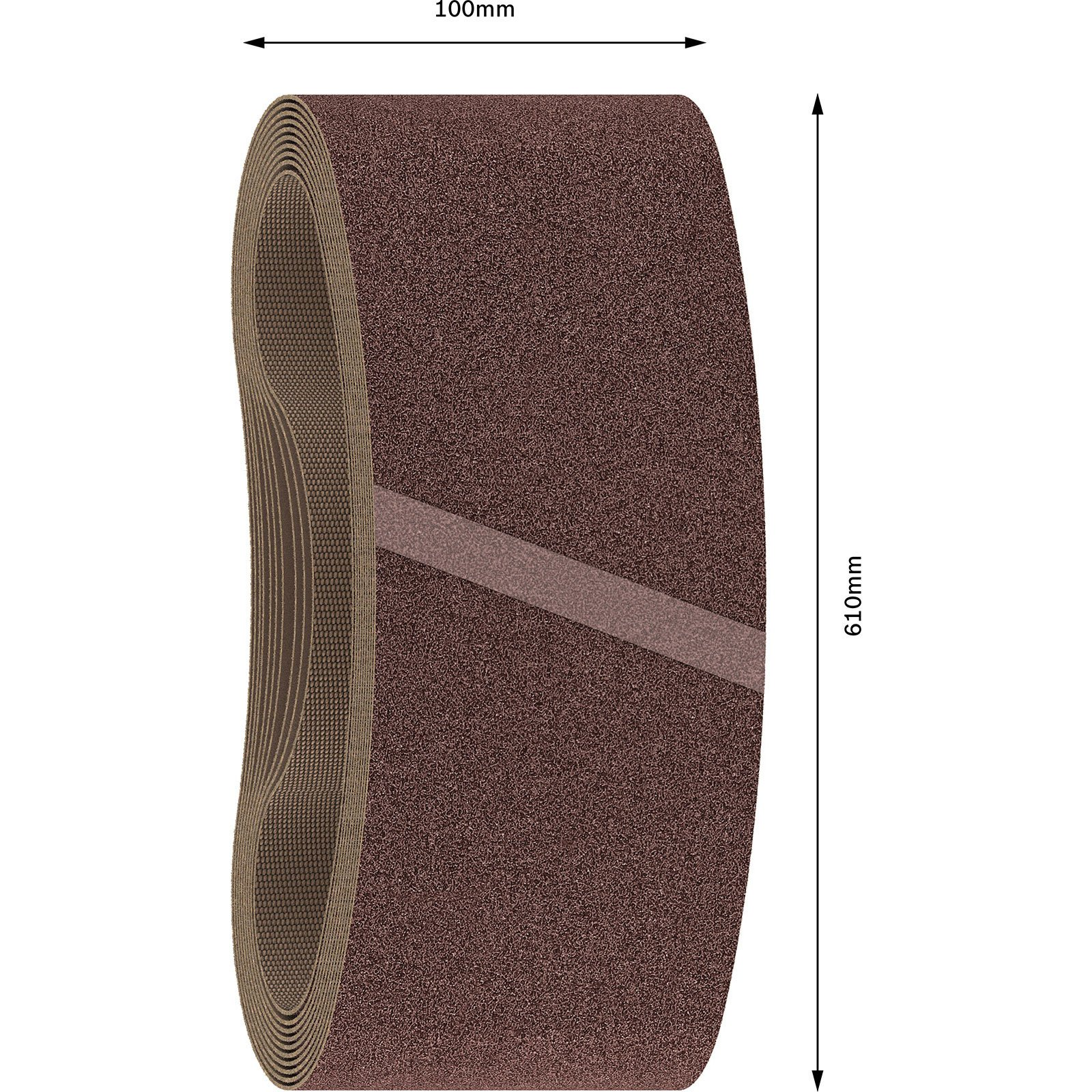 Ein aufgerollter Schleifband mit Körnung, 100mm breit und 610mm lang.