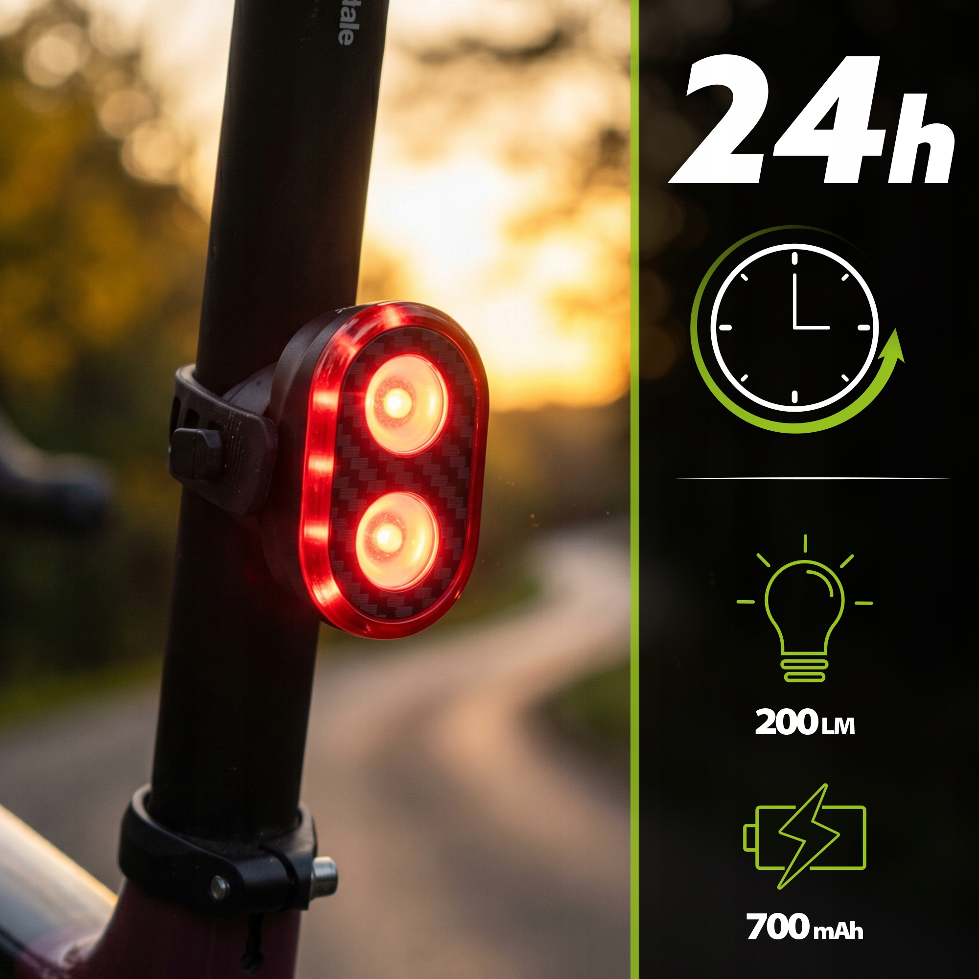 Tylne światło rowerowe 24h, 200 lumenów, 700mAh.