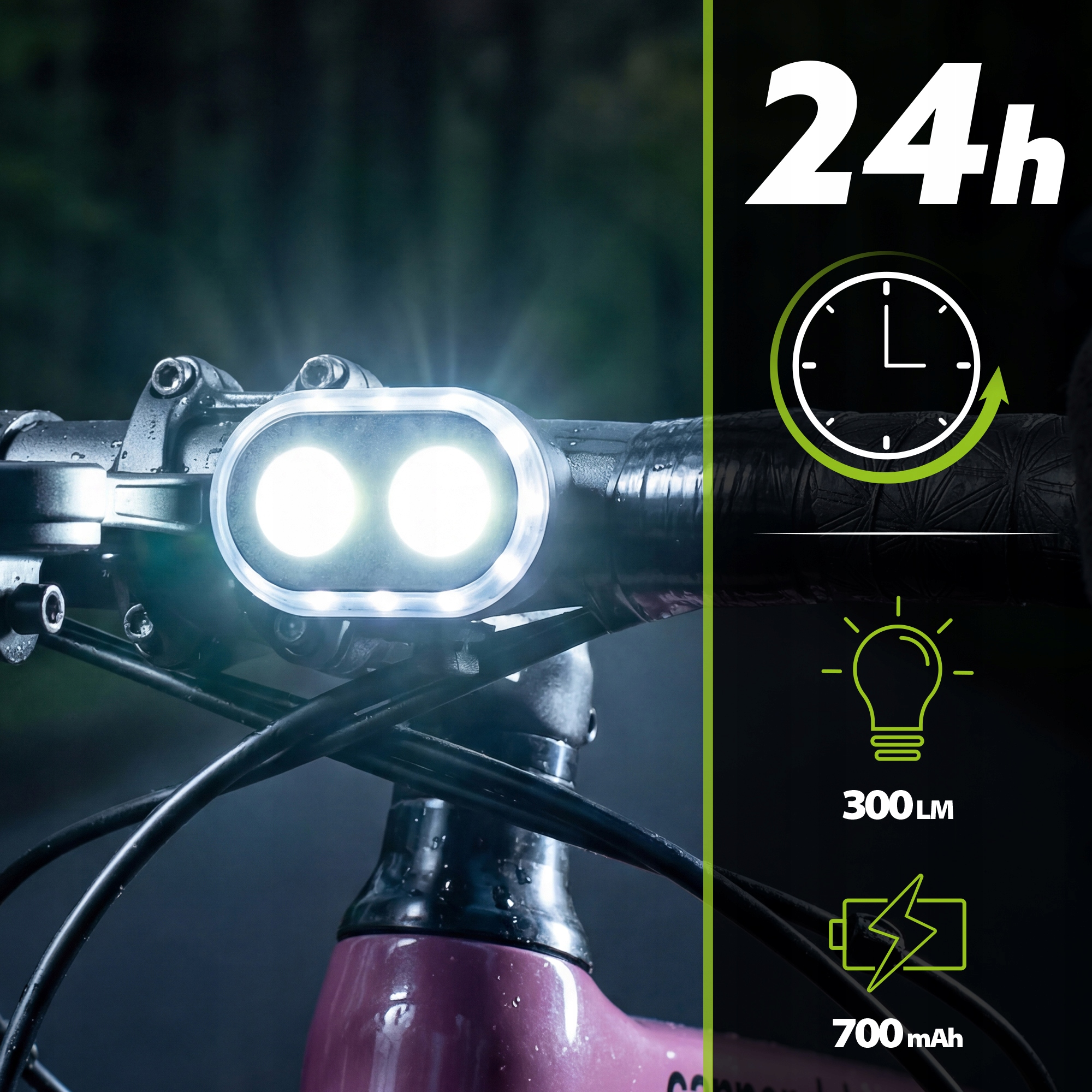 Kierownica roweru z jasnymi podwójnymi światłami LED, bateria 24h, 300lm, 700mAh.