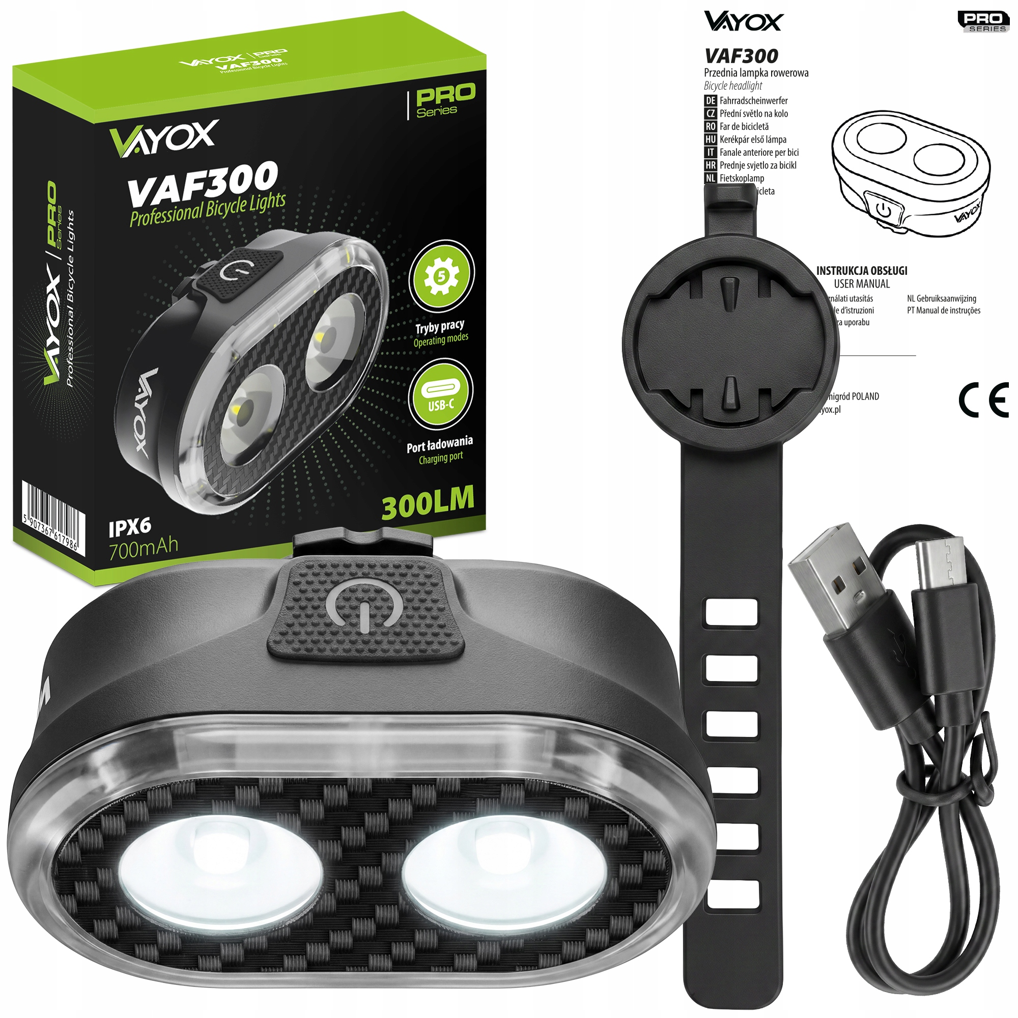 Lampa rowerowa Vayox VAF300 z USB-C, 300LM, IPX6, 700mAh i kablem.