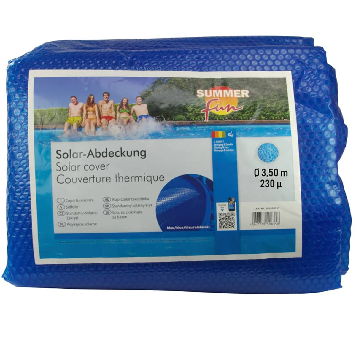 Eine blaue Solar-Poolabdeckung ist verpackt und zeigt eine Familie am Pool.