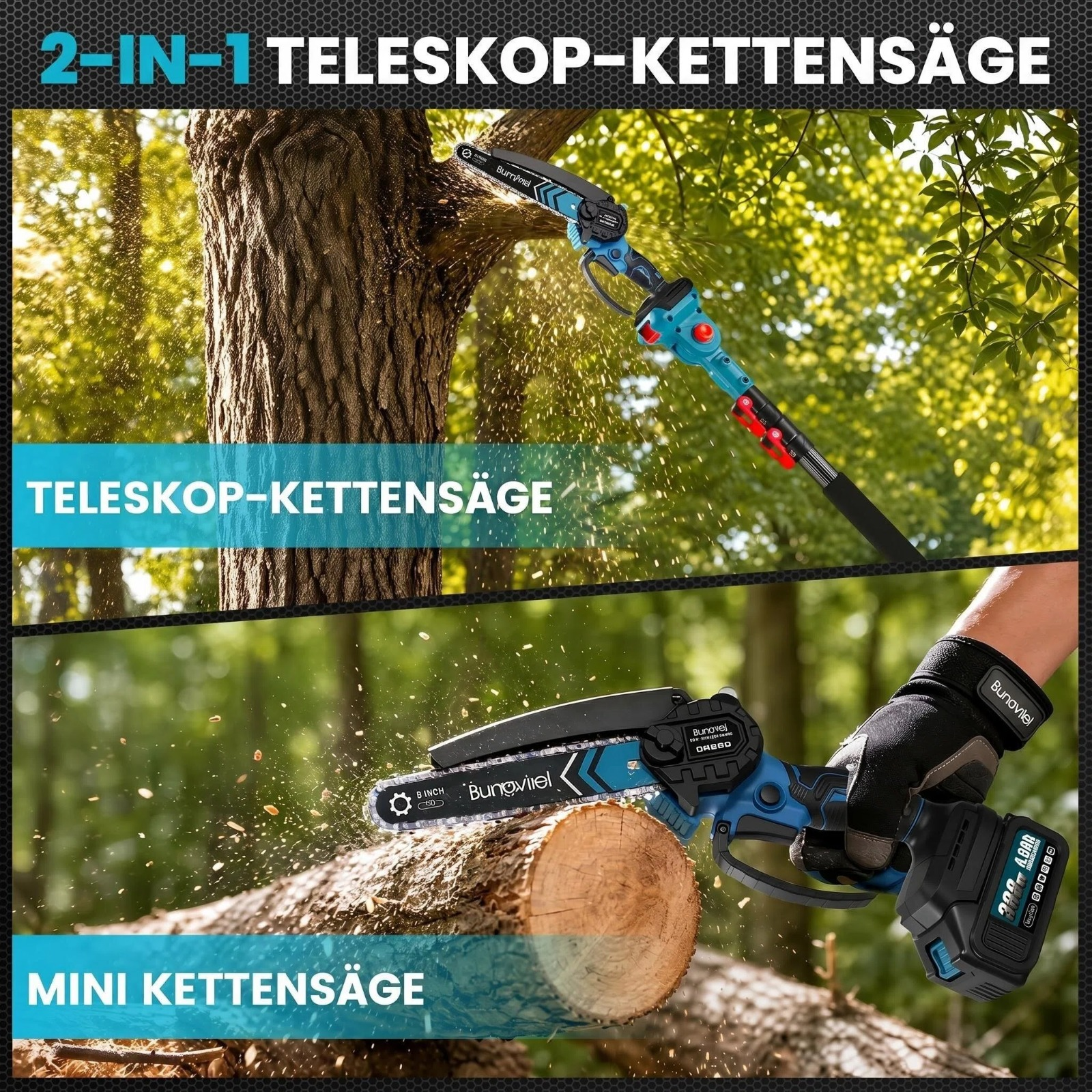 Zwei Kettensägen: eine Teleskop- und eine Mini-Kettensäge, die Holz schneiden.
