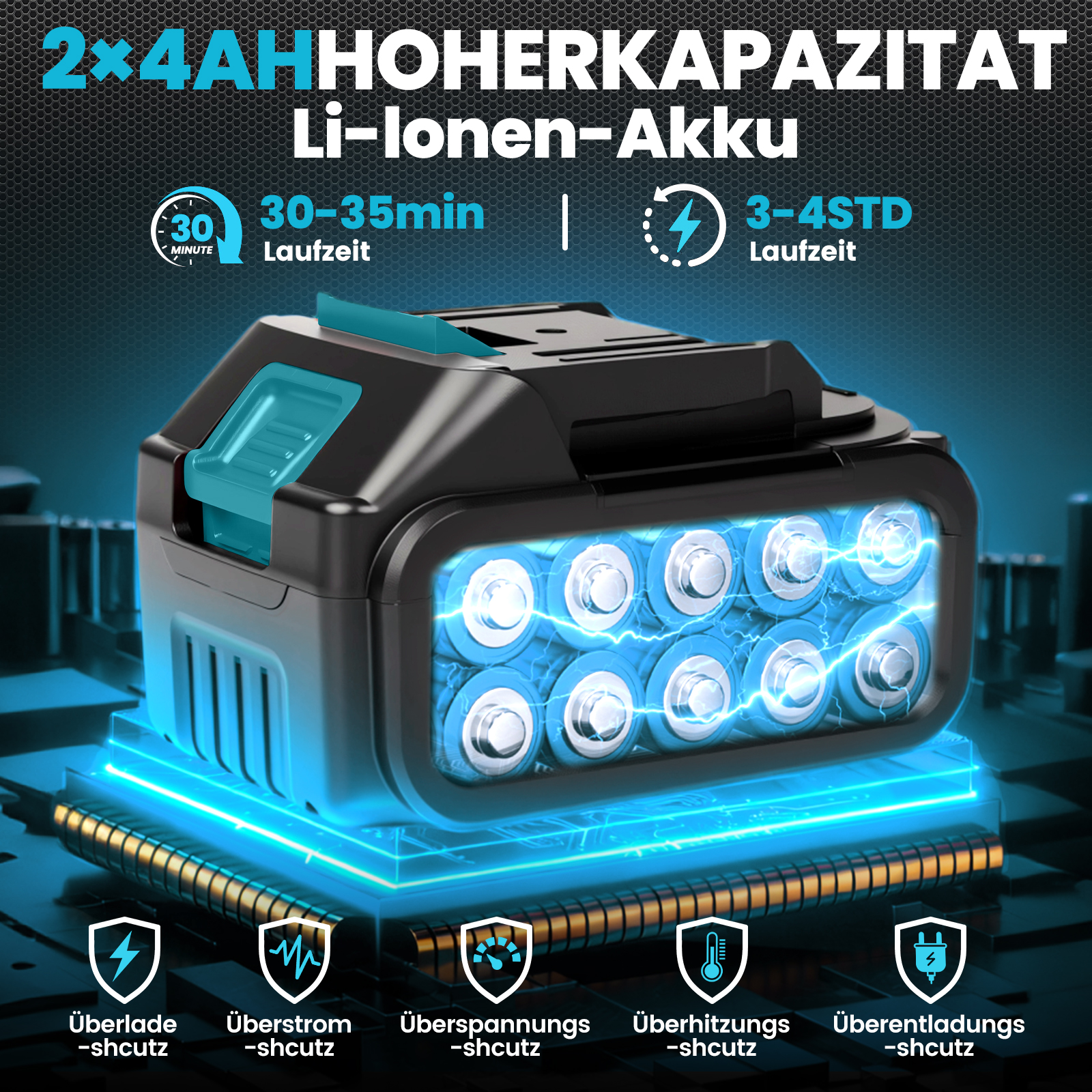 Ein schwarzer Akku mit blauen Batterien, der auf einer Leiterplatte sitzt.