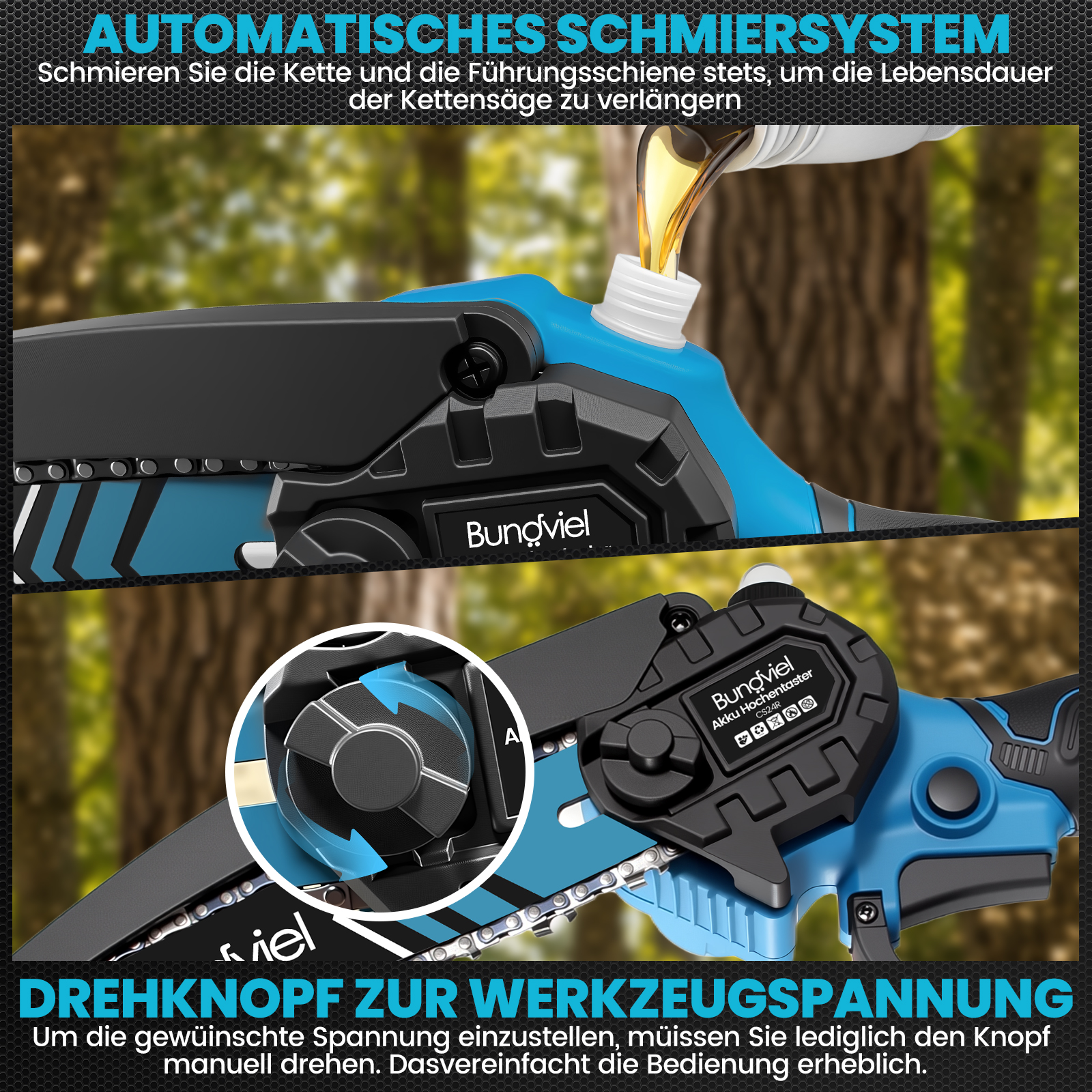 Blauer Akku-Astschneider mit Kette. Öl wird nachgefüllt. Drehknopf.
