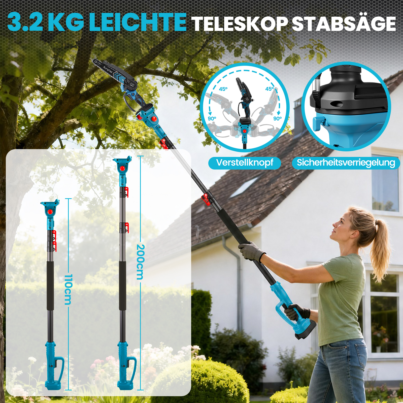 Leichte Teleskop-Stabsäge mit Frau im Garten, verstellbar.