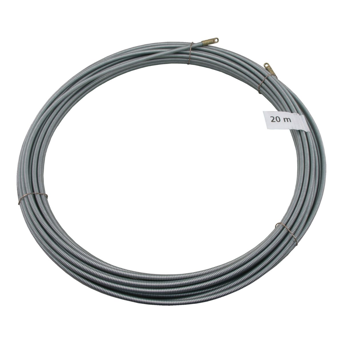 Un câble spiralé gris enroulé avec une étiquette de 20 m.