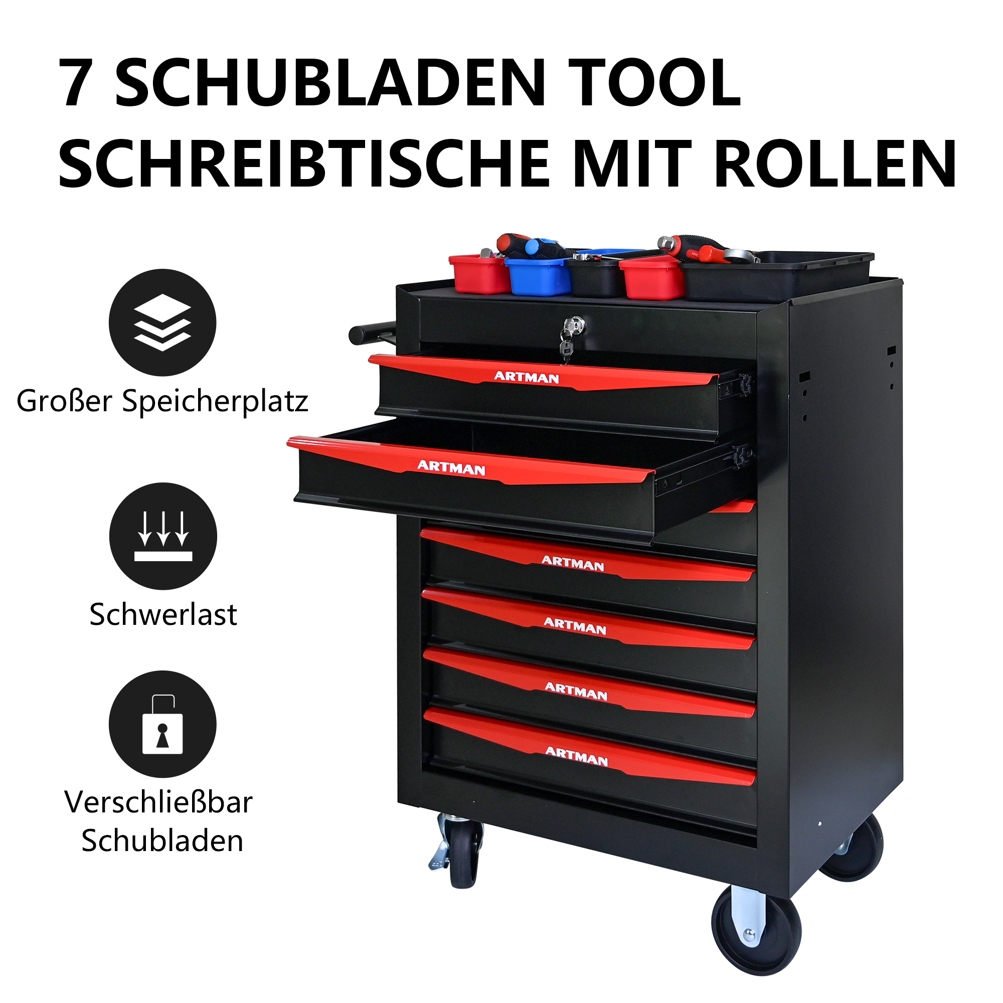 Schwarzer Werkzeugwagen mit 7 Schubladen und roten Griffen, Rollen, Werkzeug auf der Oberseite.