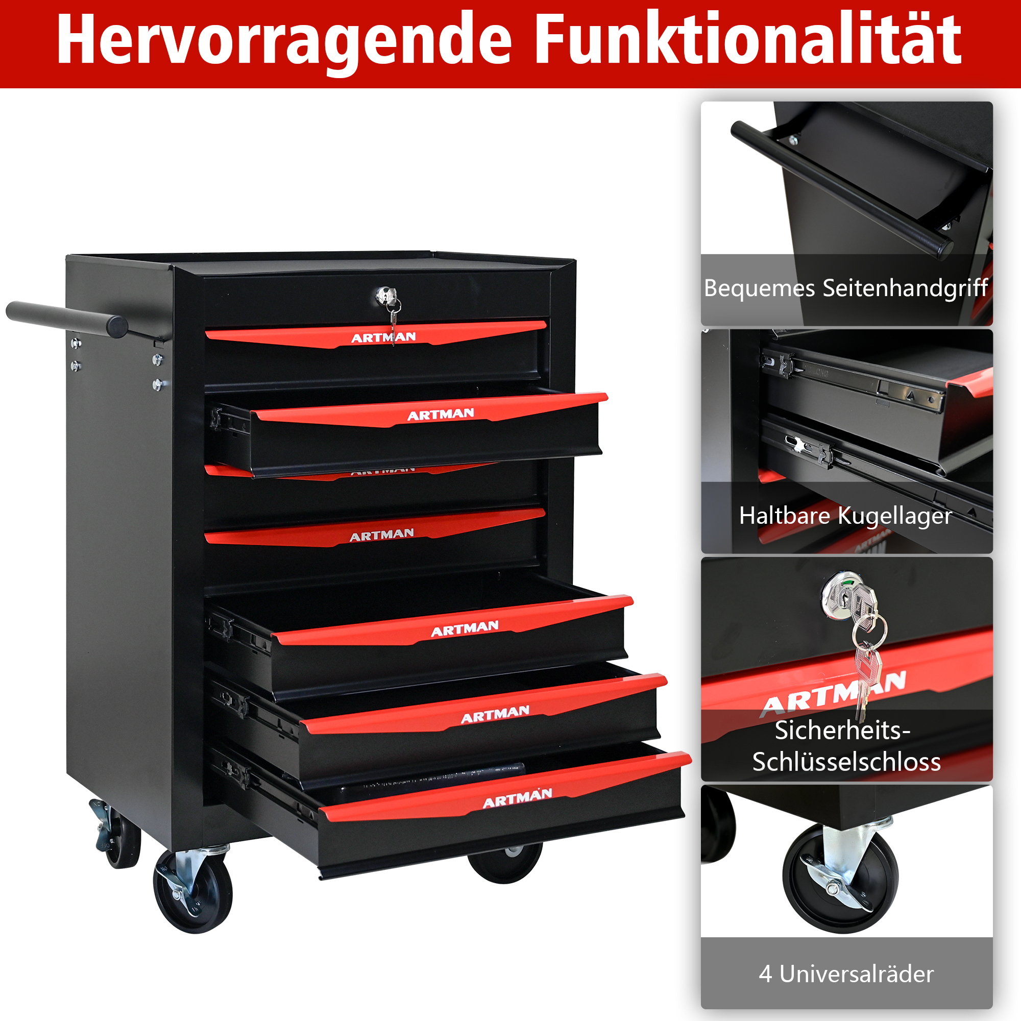 Schwarzer Werkzeugwagen mit roten Schubladen, Griff und Rollen.