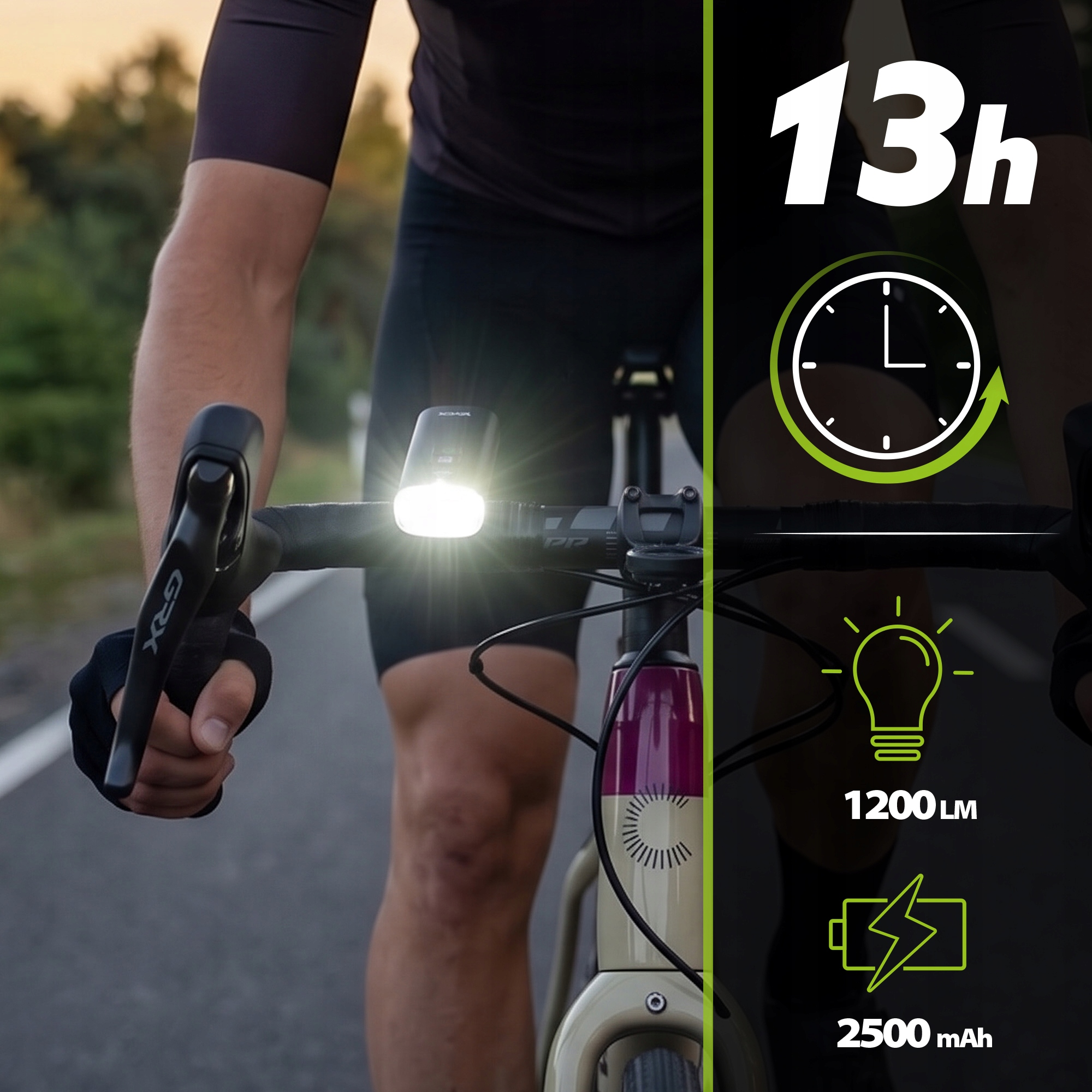 Kierownica roweru z jasnym światłem, bateria 13h, 1200 lumenów, 2500 mAh.