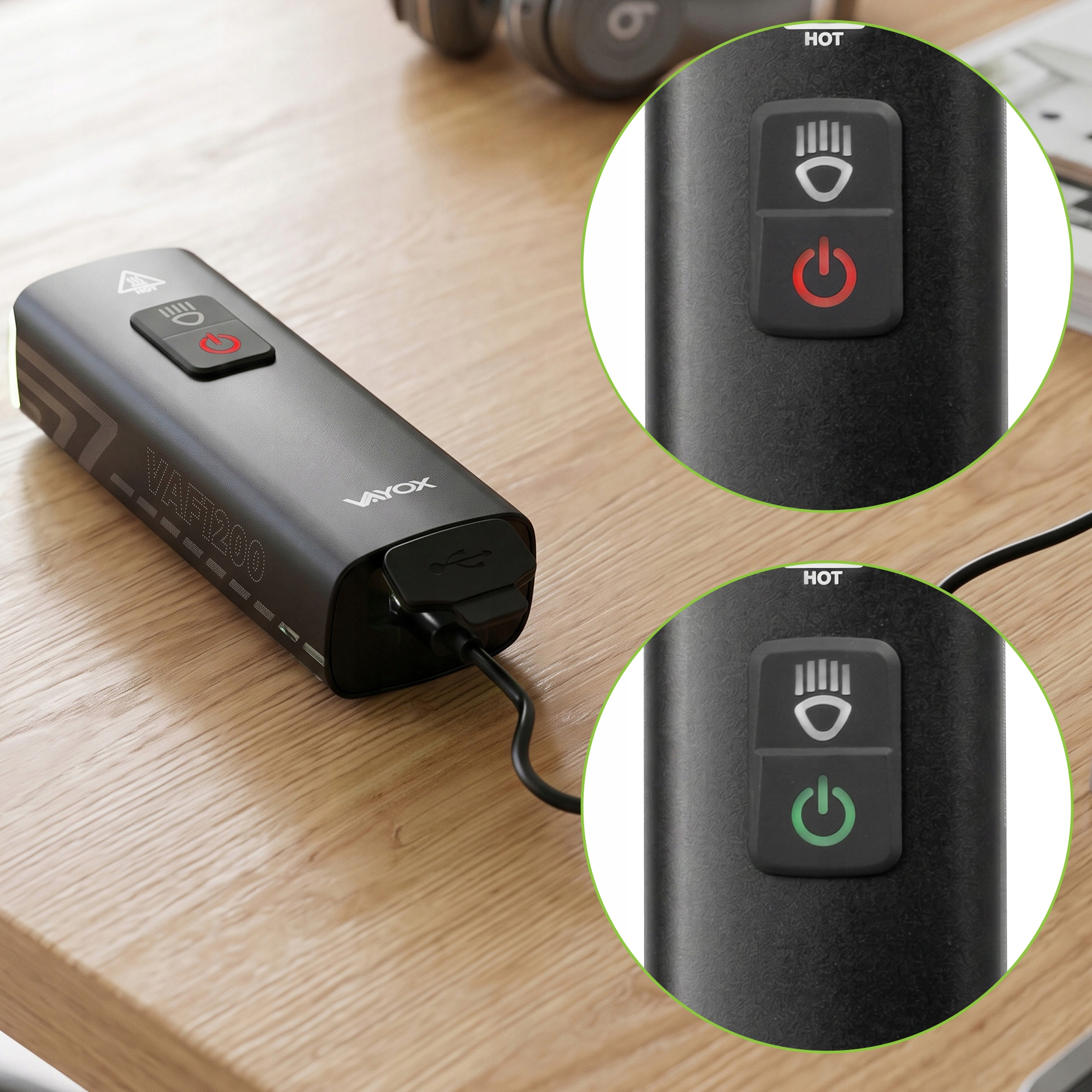 Czarny VAF1200 z portem USB, na drewnianym stole. Jeden przycisk czerwony, drugi zielony.