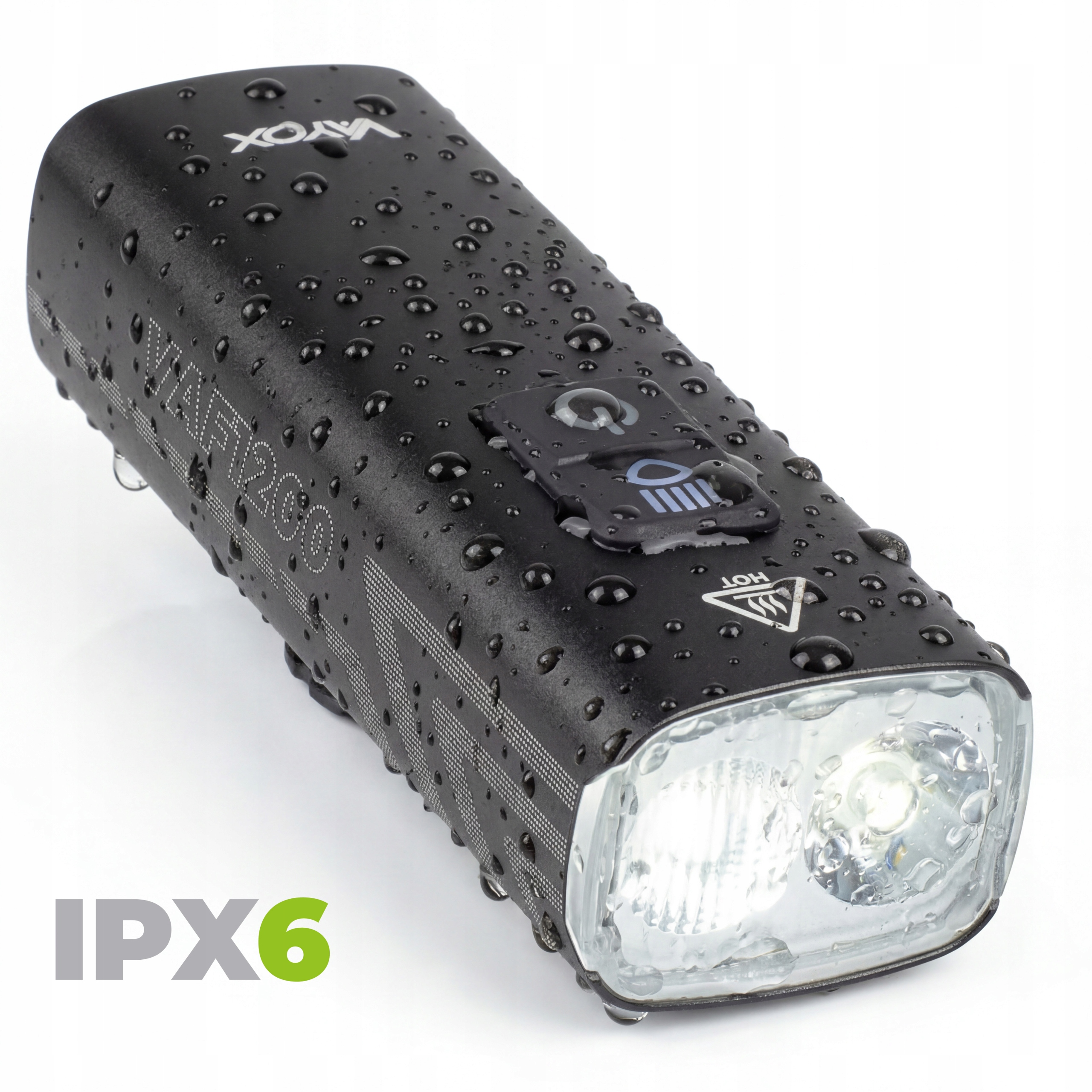 Czarna lampa rowerowa VOYX VNAF1200 z kroplami wody. Widoczna ocena IPX6.