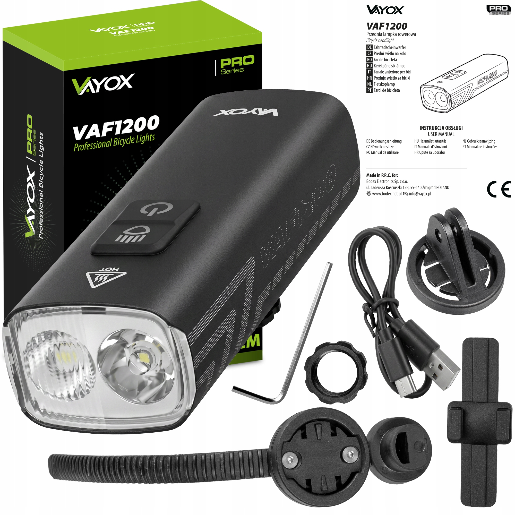 Czarna lampka rowerowa VAYOX VAF1200 z akcesoriami: uchwyt i kabel.