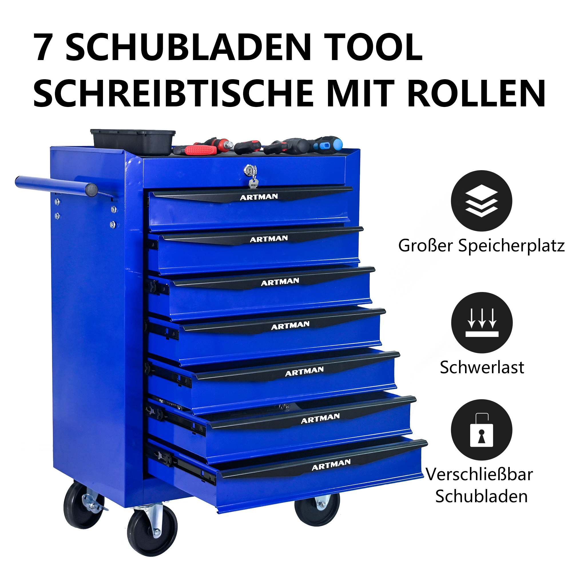 Blauer Werkzeugschrank mit 7 Schubladen auf Rollen, mit Schraubendrehern.