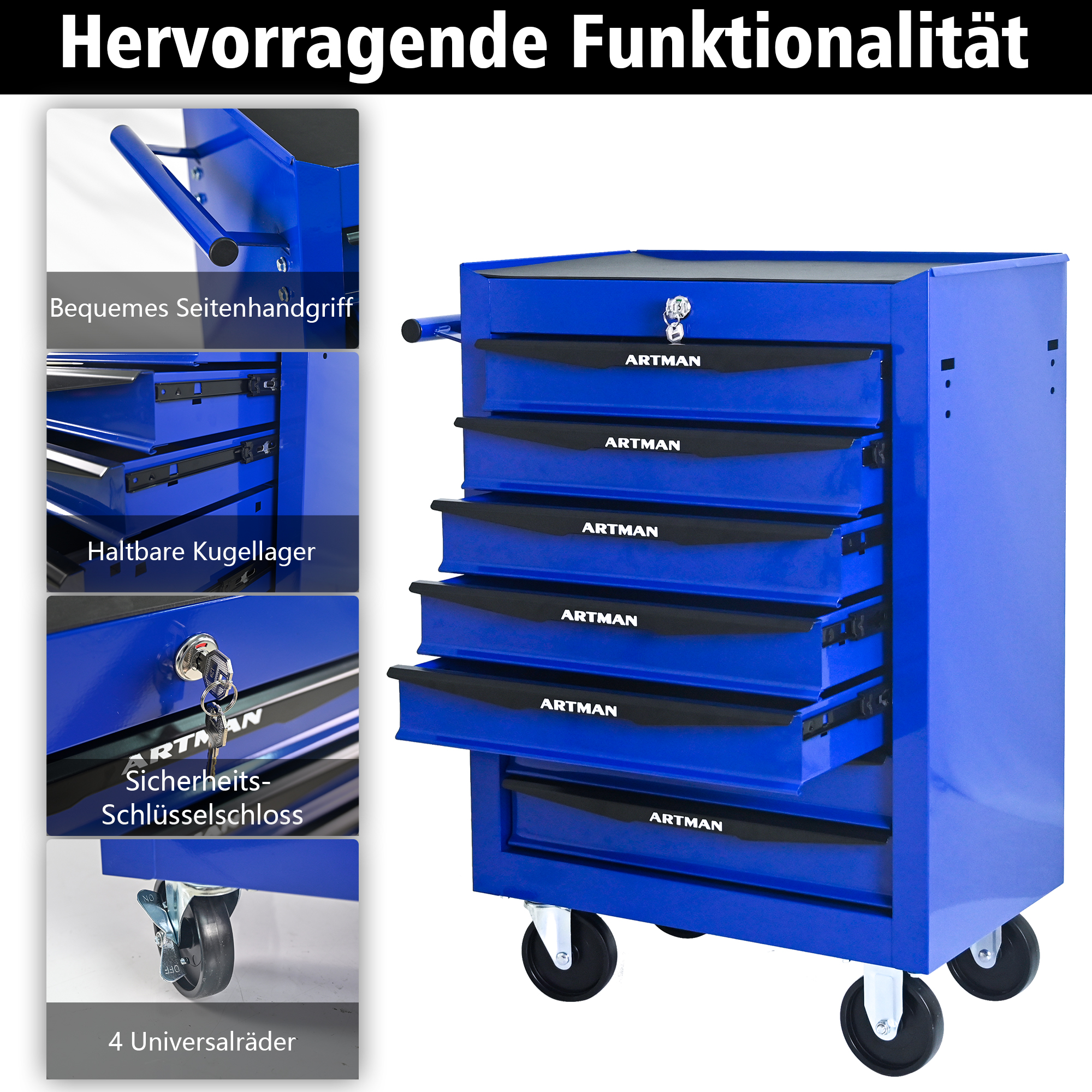 Ein blauer Werkzeugwagen mit sechs Schubladen, Rollen und Griff.