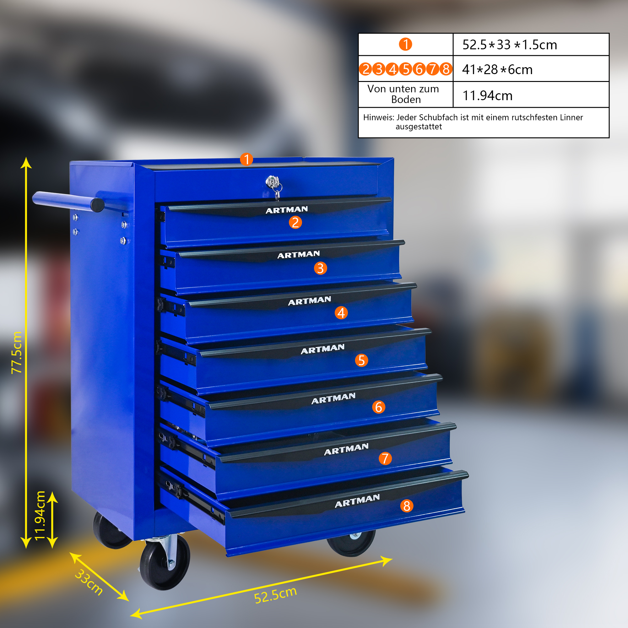 Ein blauer Werkzeugwagen mit 8 Schubladen, Maßen und Beschriftungen.