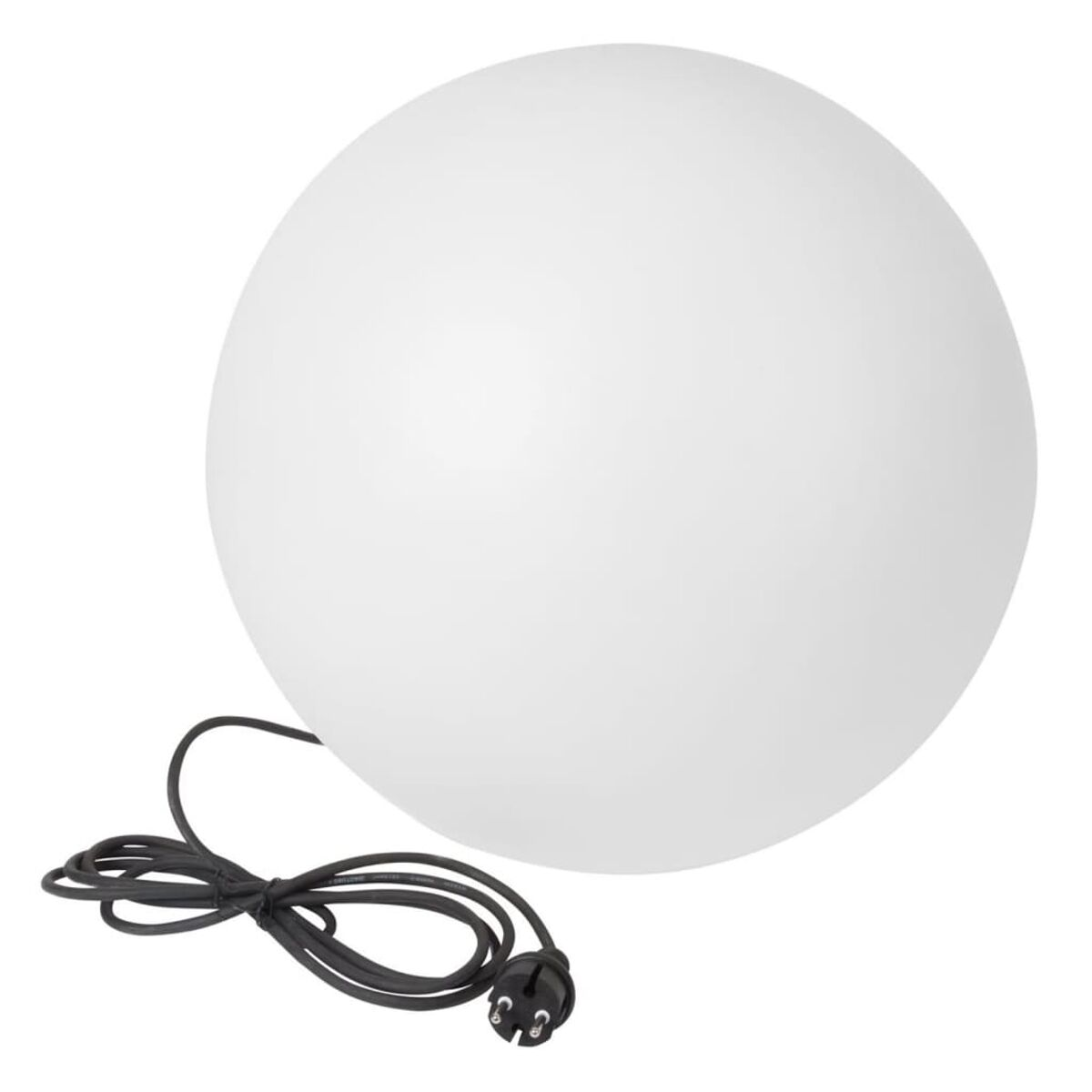 Eine große weiße kugelförmige Lampe mit schwarzem Kabel und Stecker.