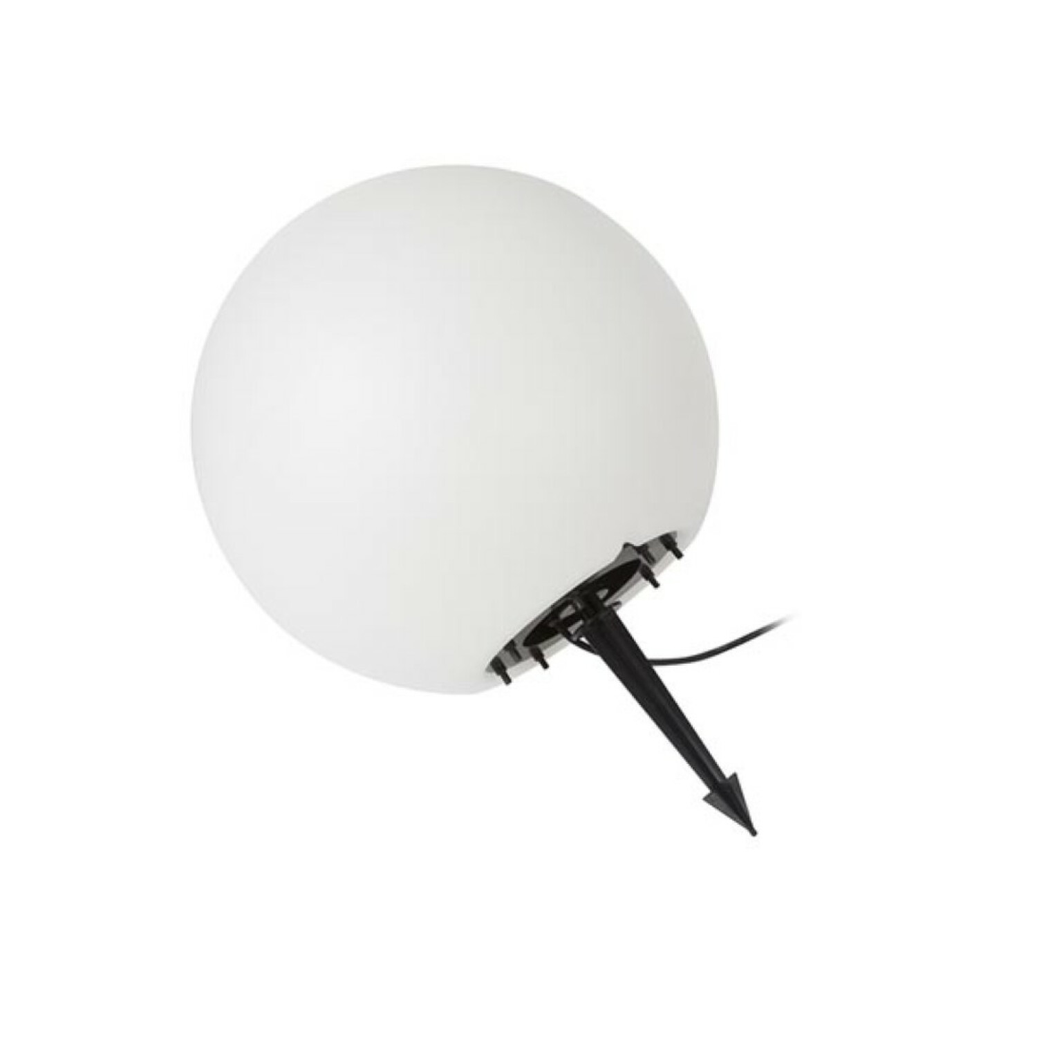 Eine weiße, kugelförmige Lampe mit schwarzem Erdspieß und Kabel.