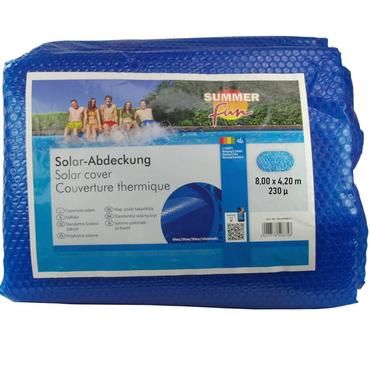 Verpackung einer blauen Solar-Poolabdeckung mit Aufdruck: Sommer, Spaß, Größe 8x4.20m.