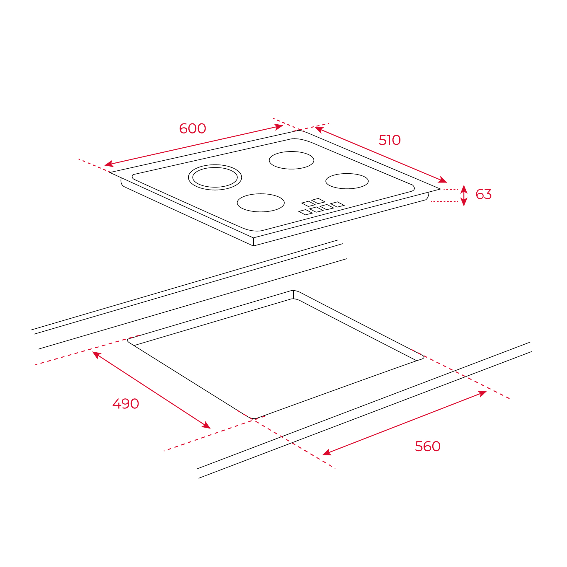 Ocak şeması: 600x510mm, yükseklik 63mm. Kesme boyutları 490x560mm.