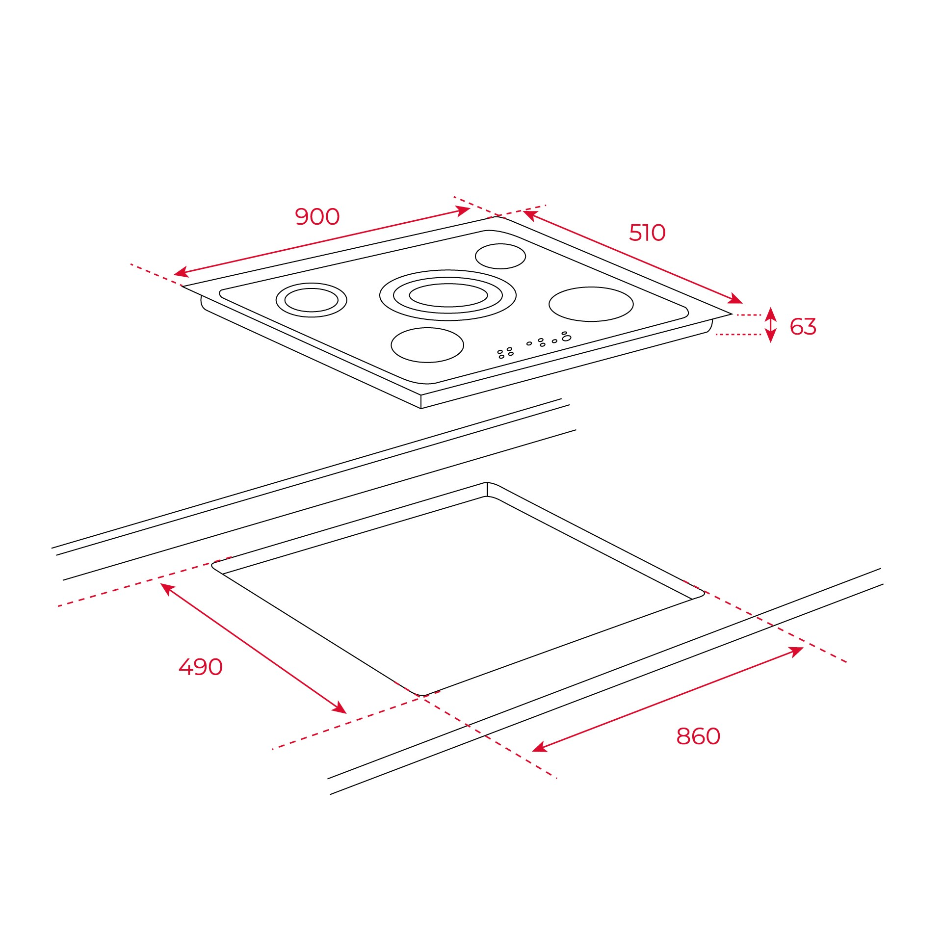 Diagrama que muestra las dimensiones de una placa de inducción empotrada: 900mm ancho, 510mm profundidad, 63mm alto.