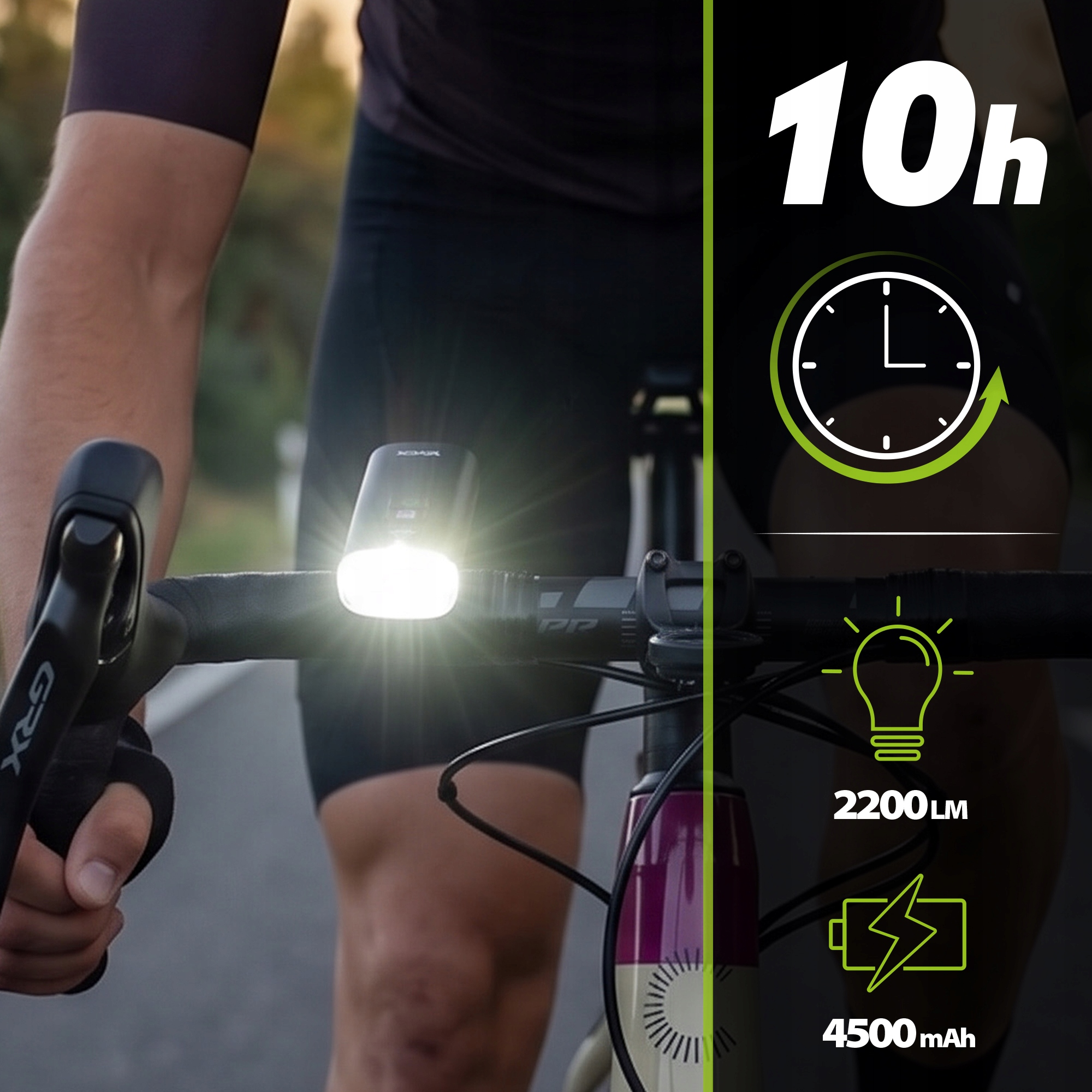 Lampa rowerowa 2200 lumenów, 10h pracy, bateria 4500mAh.