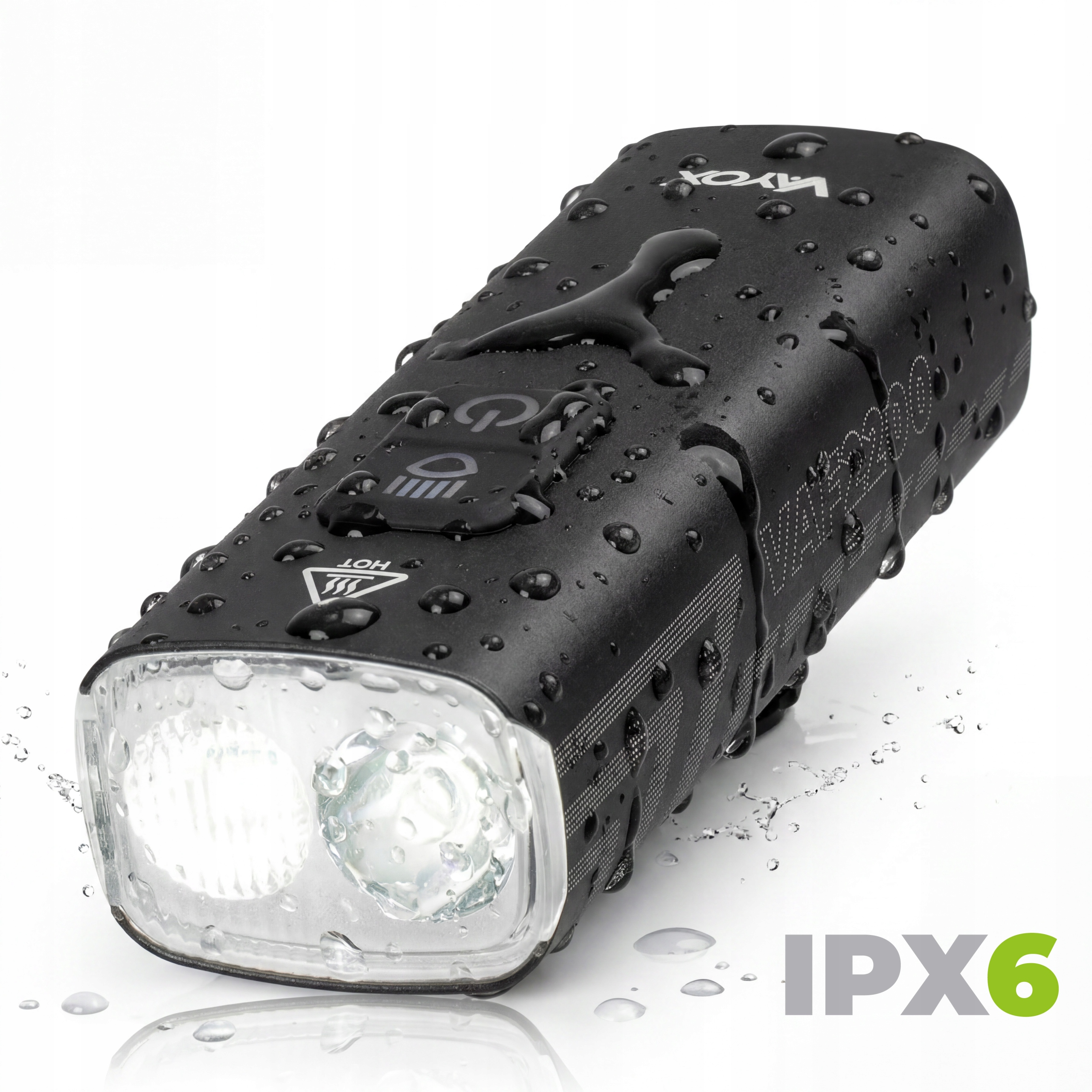 Czarna wodoodporna lampka rowerowa z dwoma diodami i certyfikatem IPX6.
