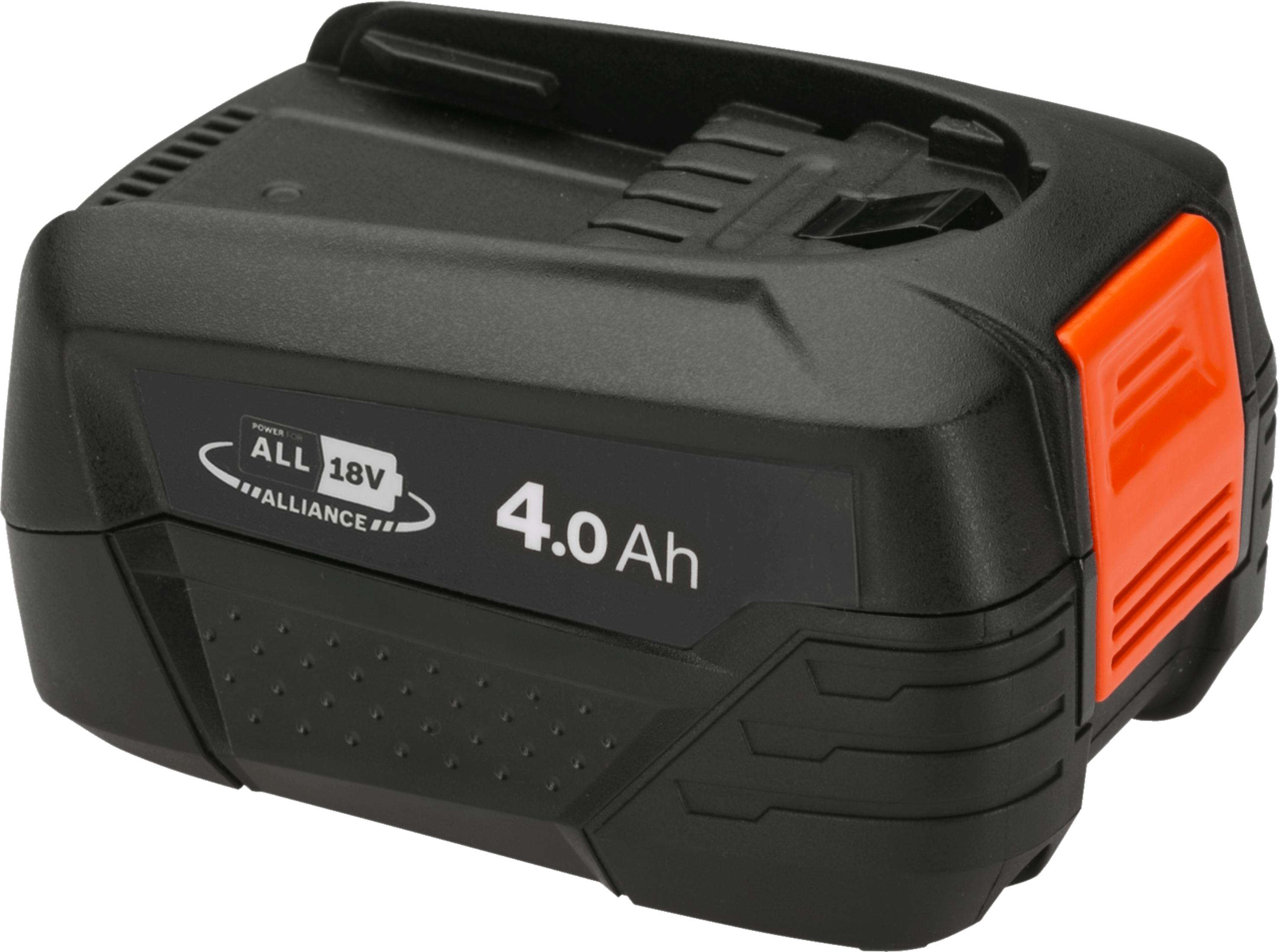 Batteria nera da 18V 4.0Ah con accenti arancioni e fessure di ventilazione.