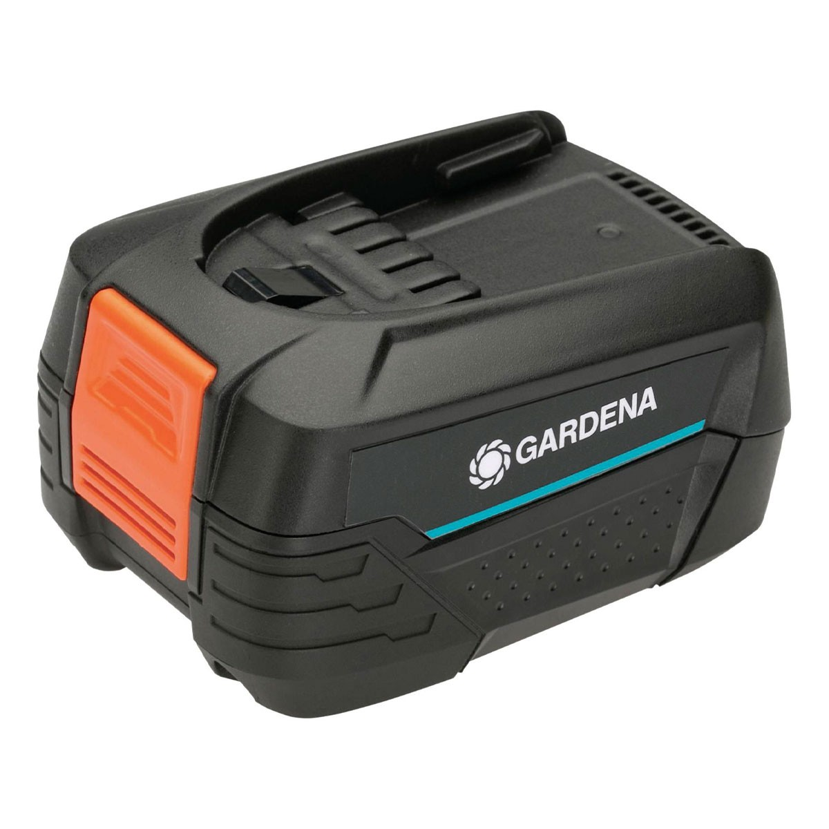 Batteria Gardena nera con elemento arancione e striscia blu.