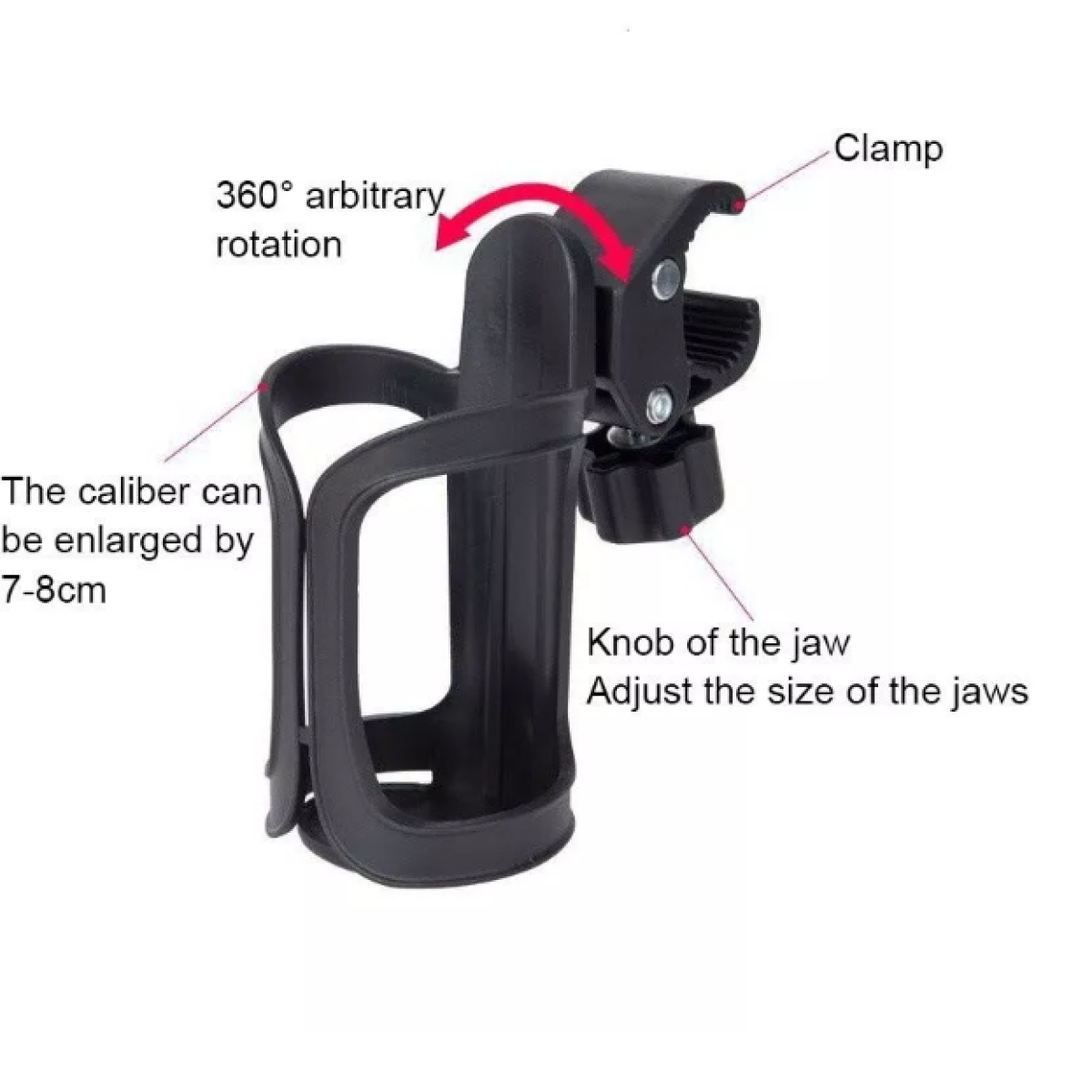 Schwarzer, verstellbarer Getränkehalter mit Klemme und 360° Drehung.
