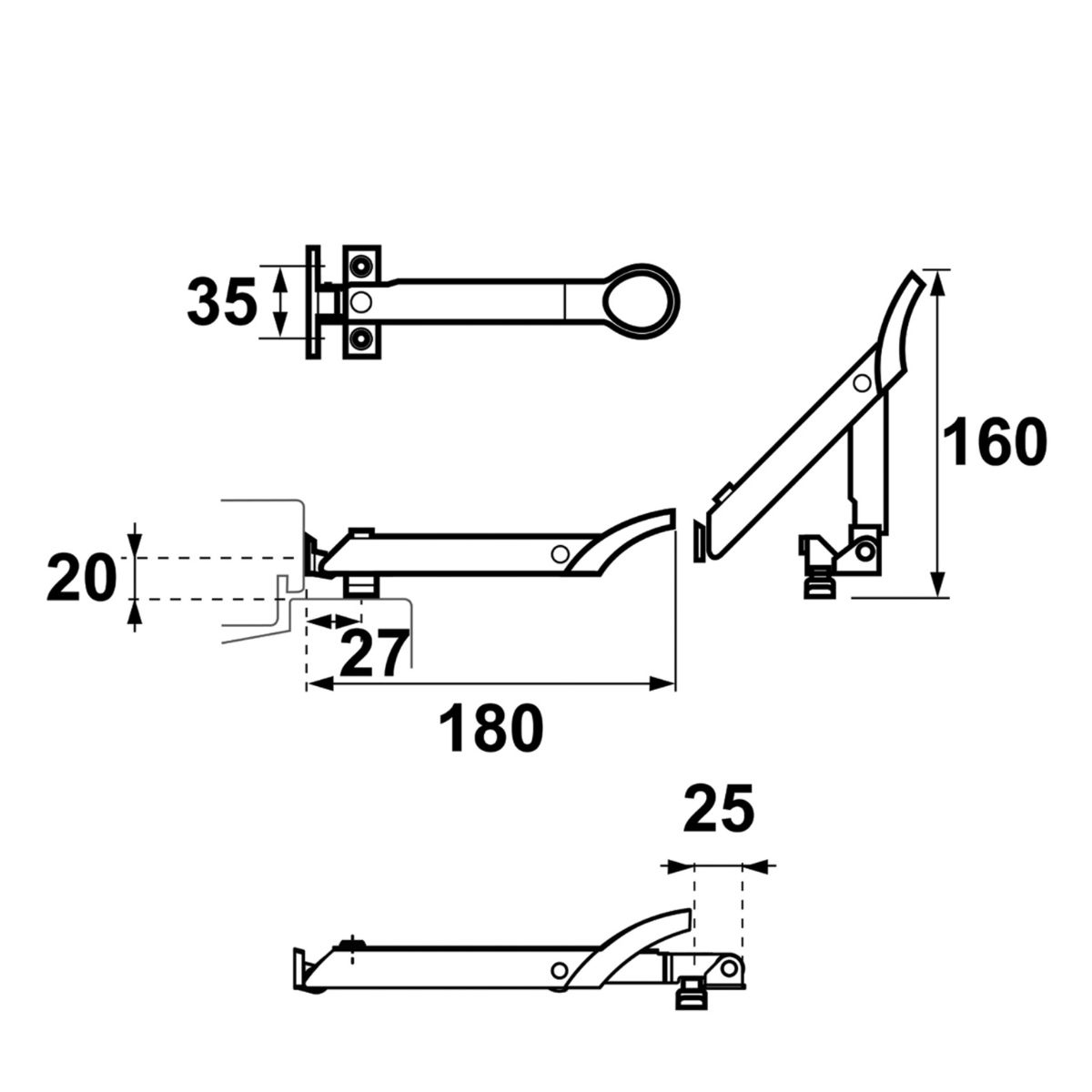 Technische Zeichnung eines Klappmechanismus mit Maßen.