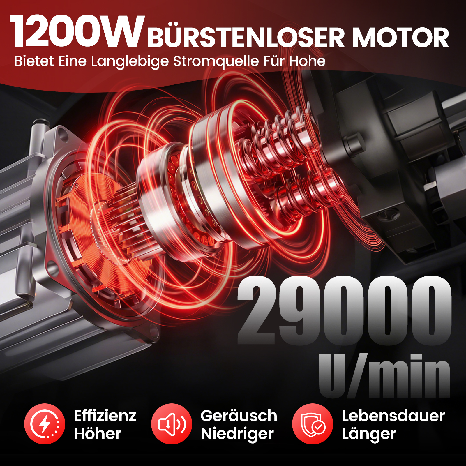 Detailaufnahme eines 1200W bürstenlosen Motors mit roten Energiekreisen und 29000 U/min.