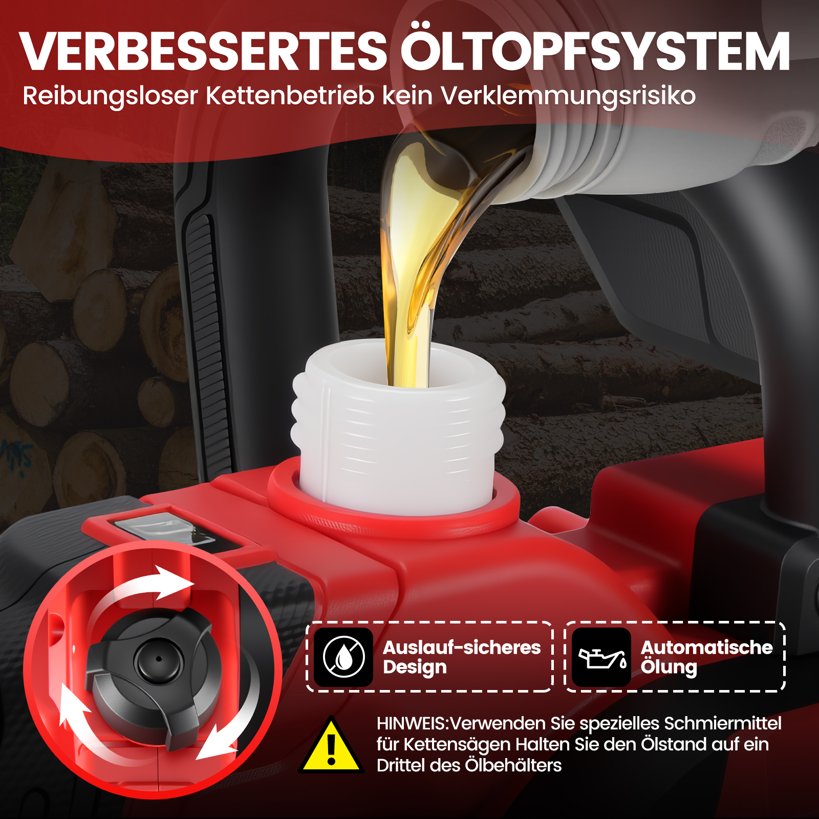 Öl wird in eine Kettensäge gegossen. Verbesserte Ölwanne mit automatischem Öl-Design.