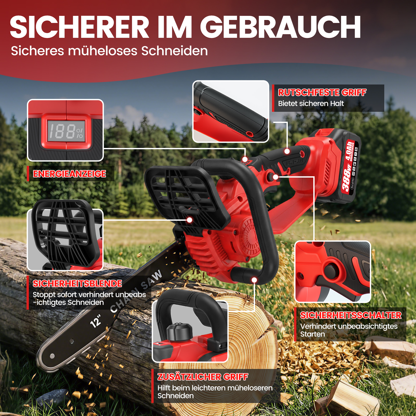 Rote Kettensäge mit Energieanzeige, Griffen und Sicherheitsmerkmalen auf Holz.
