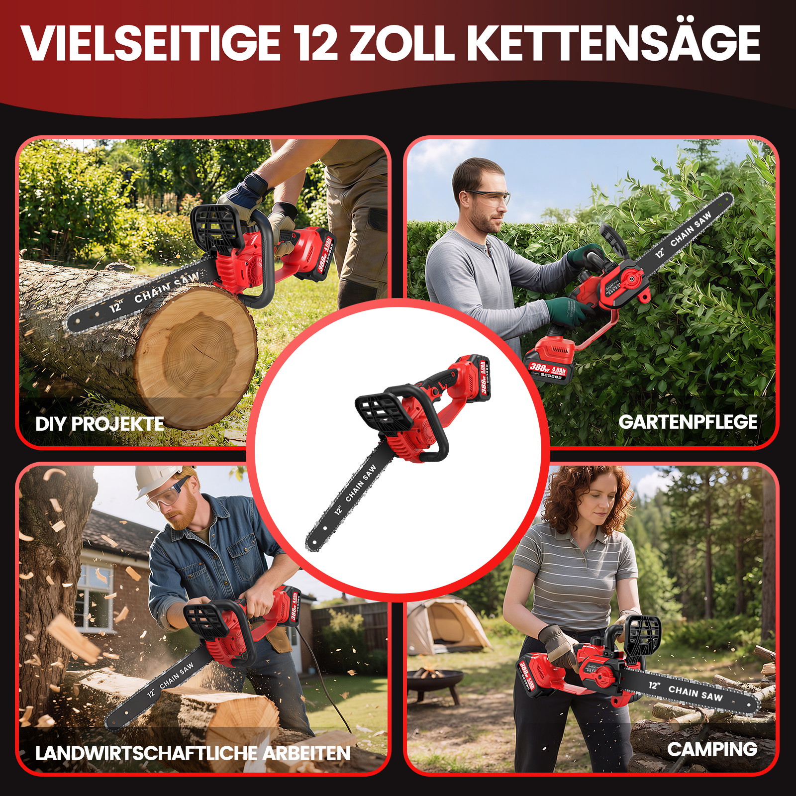 Eine Collage zeigt eine Kettensäge in Aktion für verschiedene Projekte.