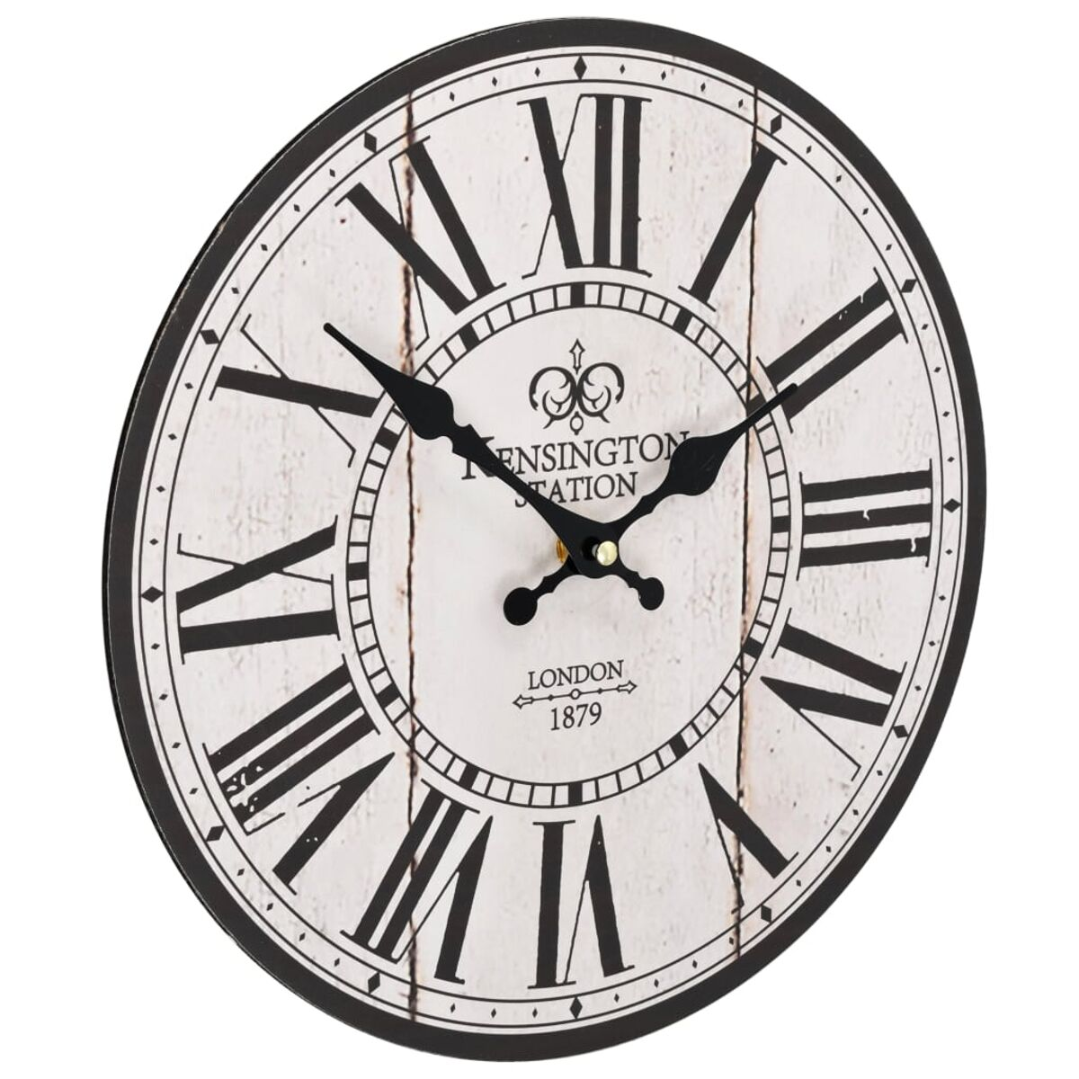Eine runde Uhr mit römischen Ziffern, schwarzen Zeigern und Text 'Kensington Station London 1879'.
