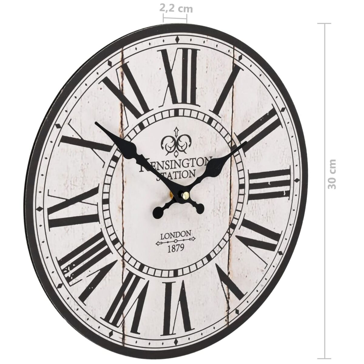 Eine runde Wanduhr mit römischen Ziffern und einem weißen Zifferblatt.