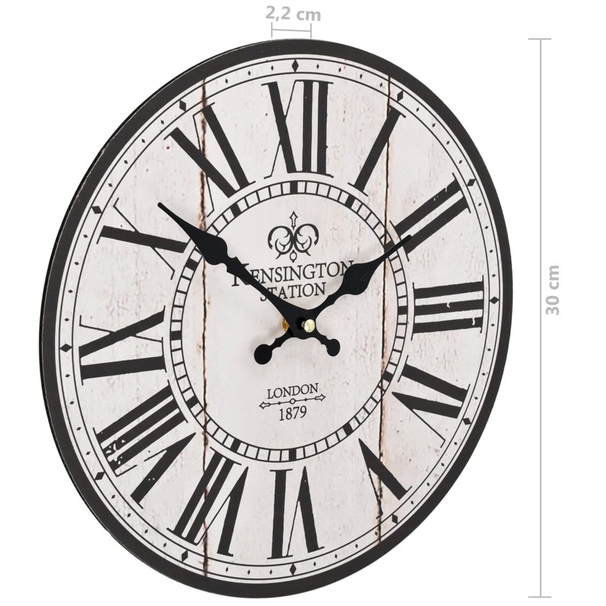 Eine runde Wanduhr im Vintage-Stil mit römischen Ziffern und schwarzen Zeigern.