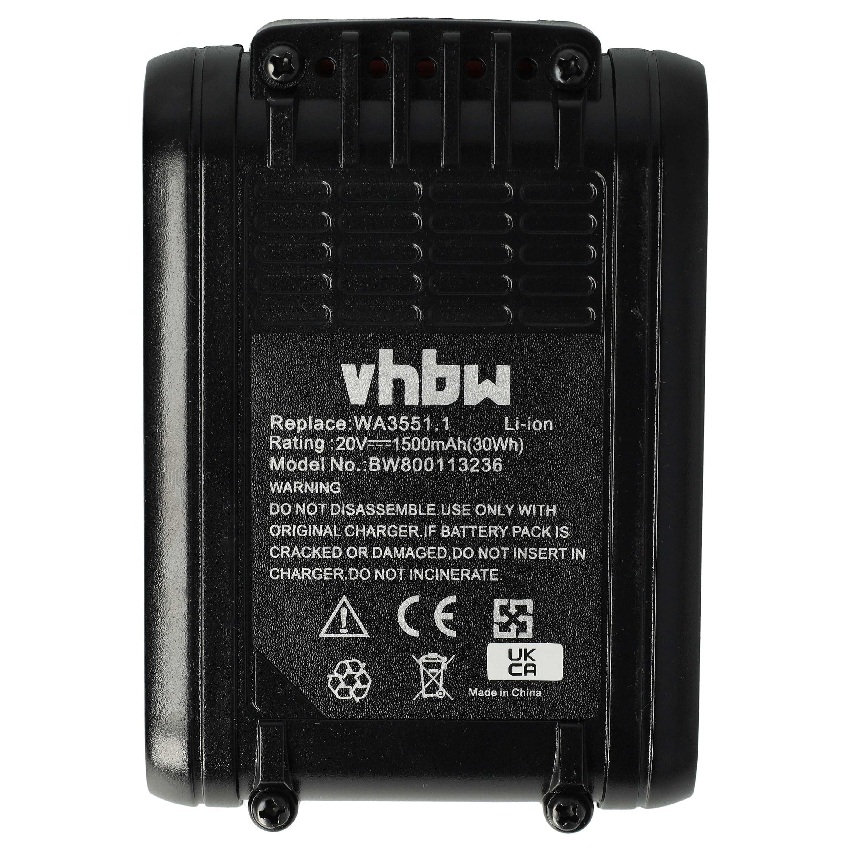 Schwarzer Akku mit Beschriftung: vhbw, 20V, 1500mAh. Warnhinweise und Symbole.