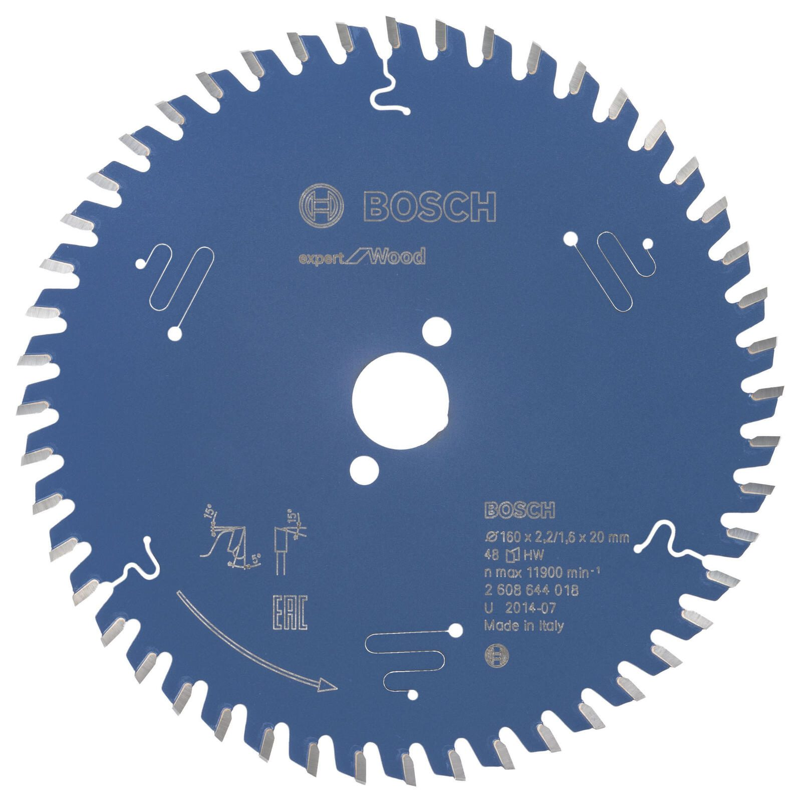 Eine blaue Bosch Kreissäge mit 48 Zähnen und technischen Details.
