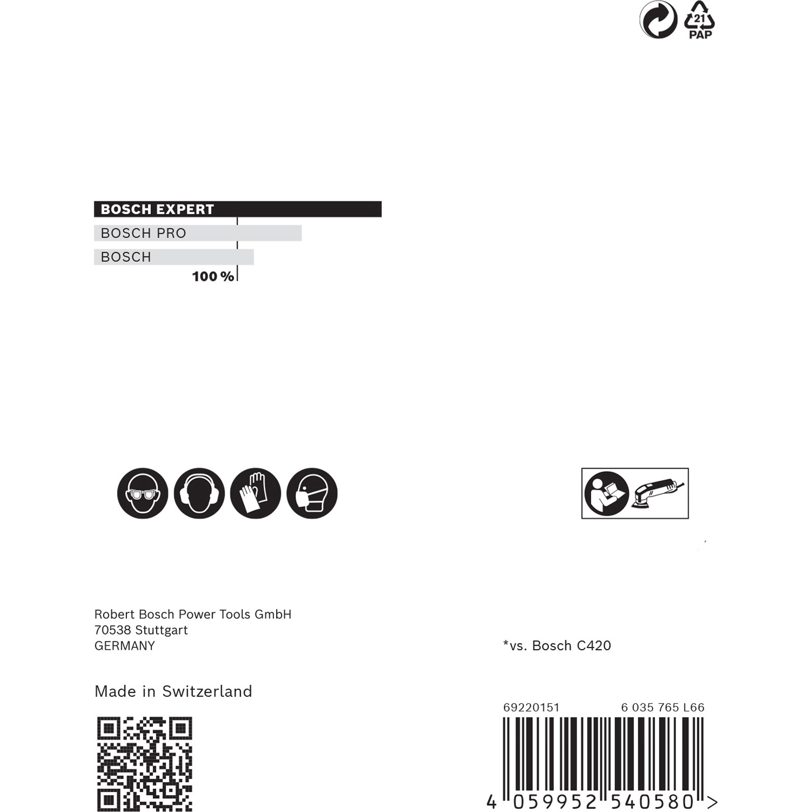 BOSCH EXPERT, BOSCH PRO, BOSCH 100%. Symbole: Schutzbrille, Kopfhörer, Handschuhe, Maske.