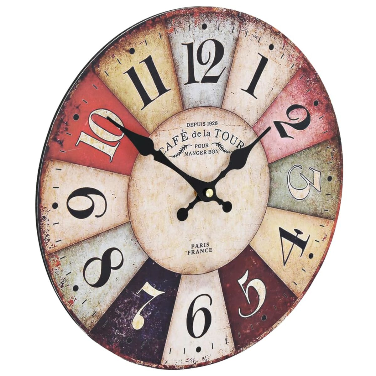 Eine rustikale Wanduhr mit Ziffern von 1 bis 12 und französischer Schrift.