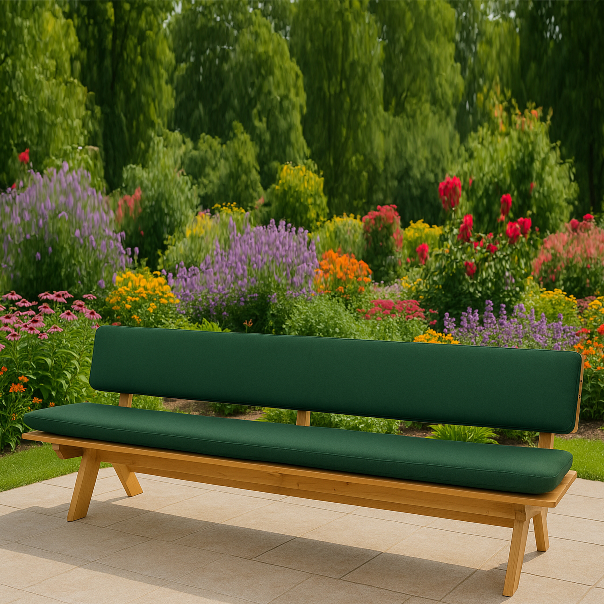 Eine Holzbank mit dunkler Polsterung steht auf einer Terrasse, umgeben von Blumen und Grünpflanzen.